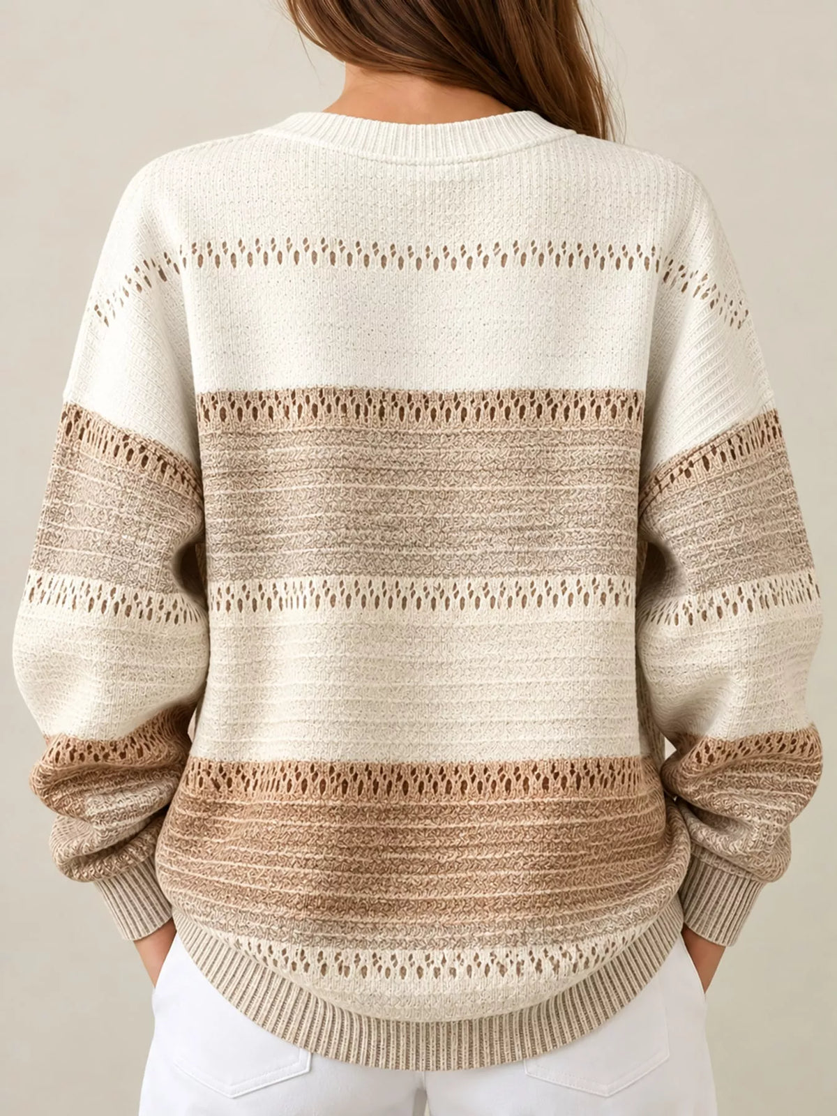 White and brown color block button neck knit sweater, back view