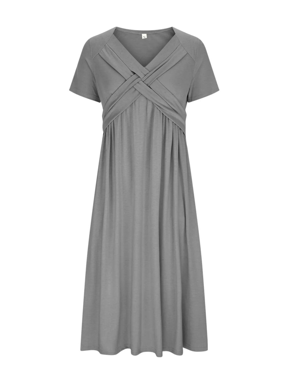Gray crisscross short sleeve midi dress, front view