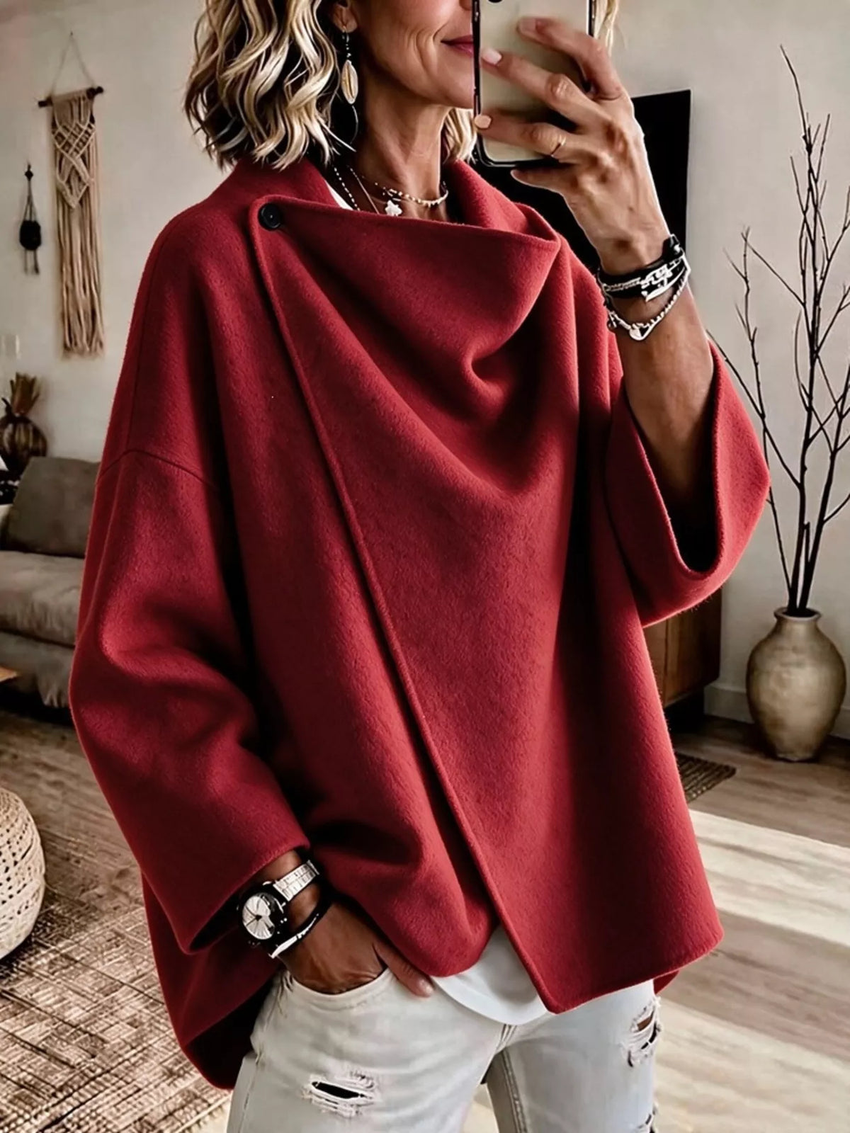 Red asymmetric cowl neck cape-style jacket