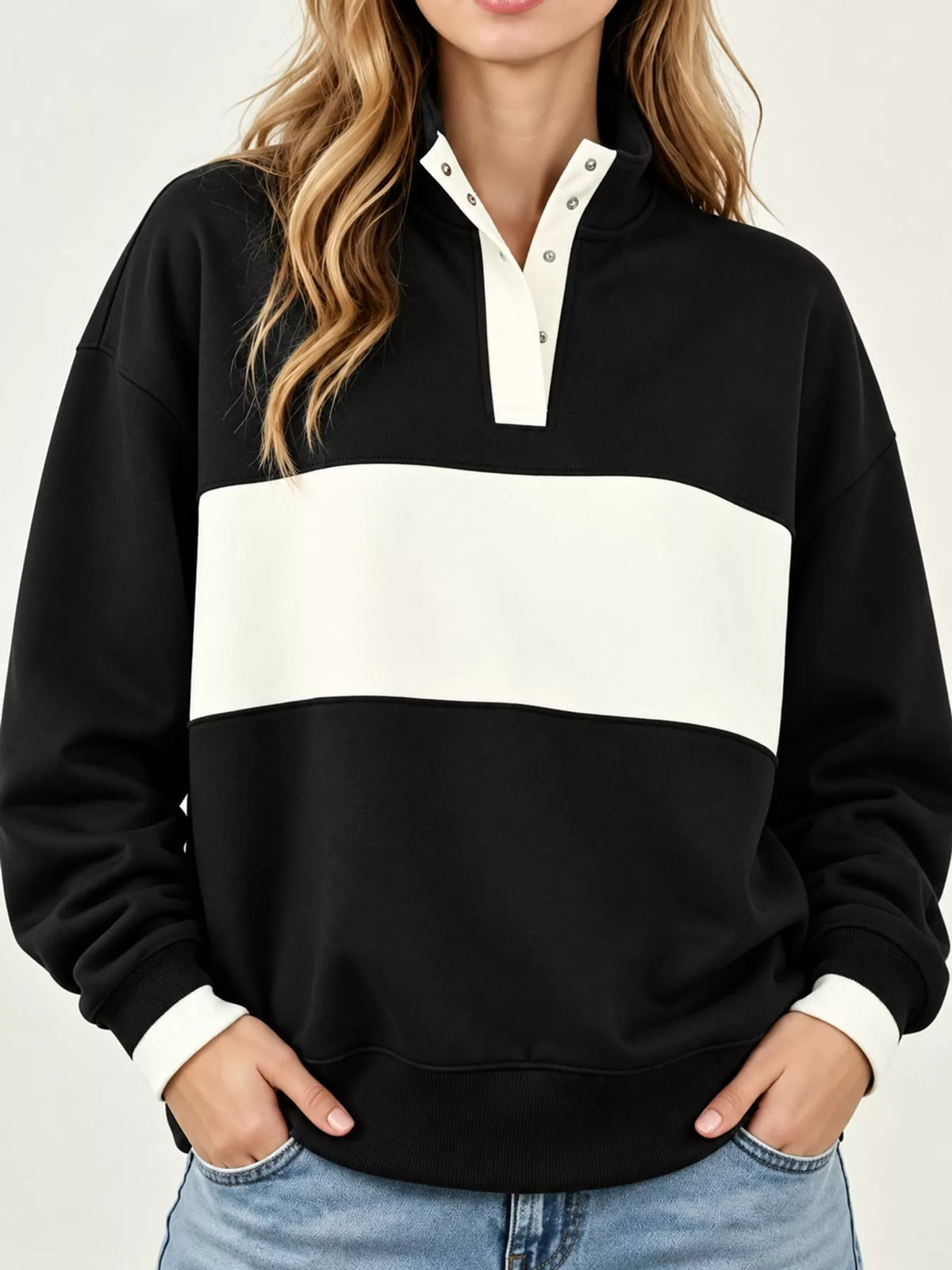 Black and cream color block snap-button sweatshirt