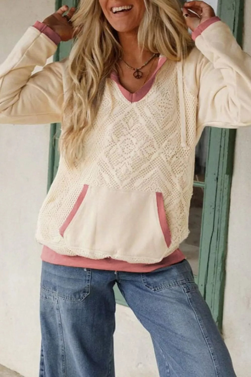Trendsi Crochet Knit Contrast Trim Hoodie -