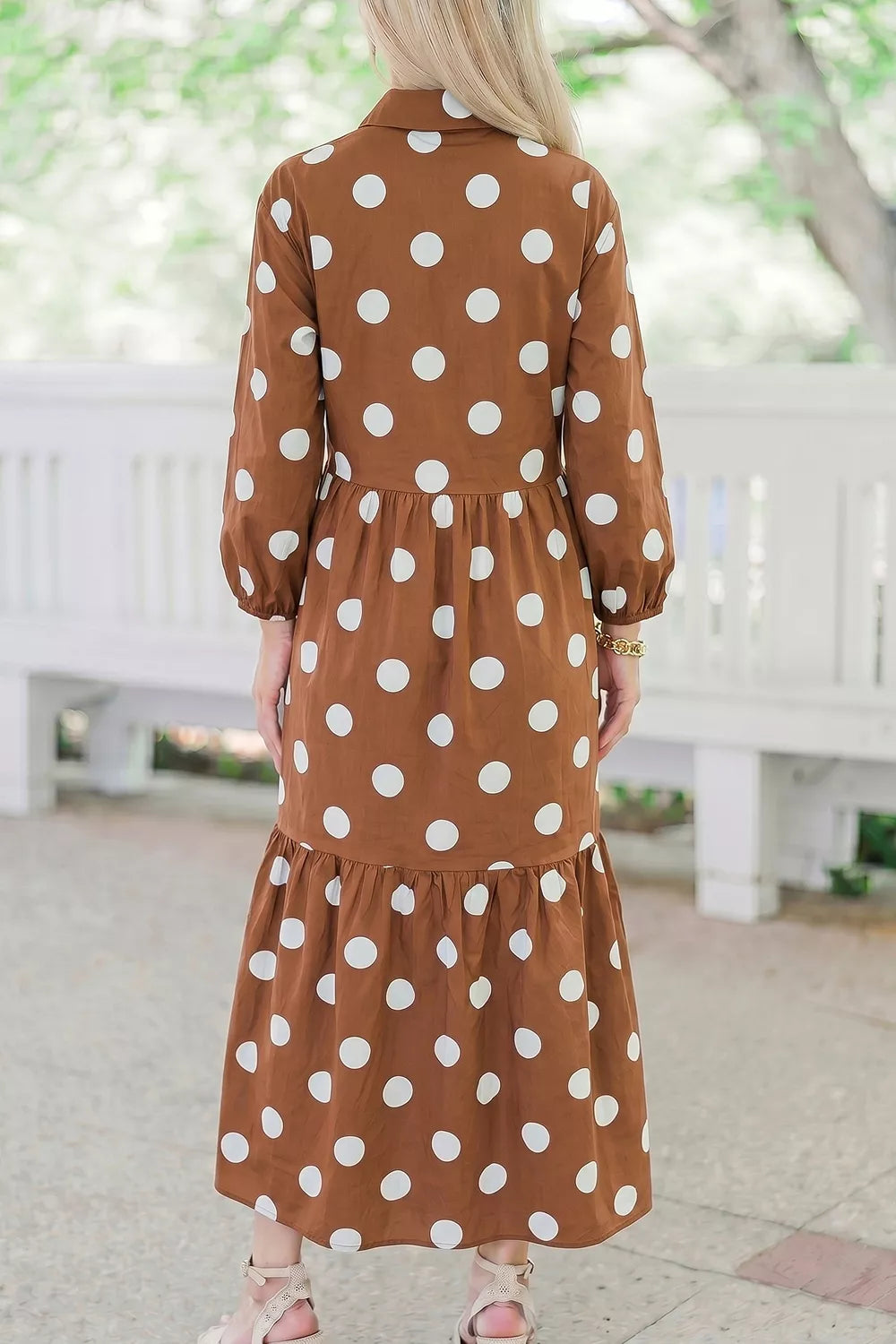 Trendsi Polka Dot Button Front Long Sleeve Shift Dress -