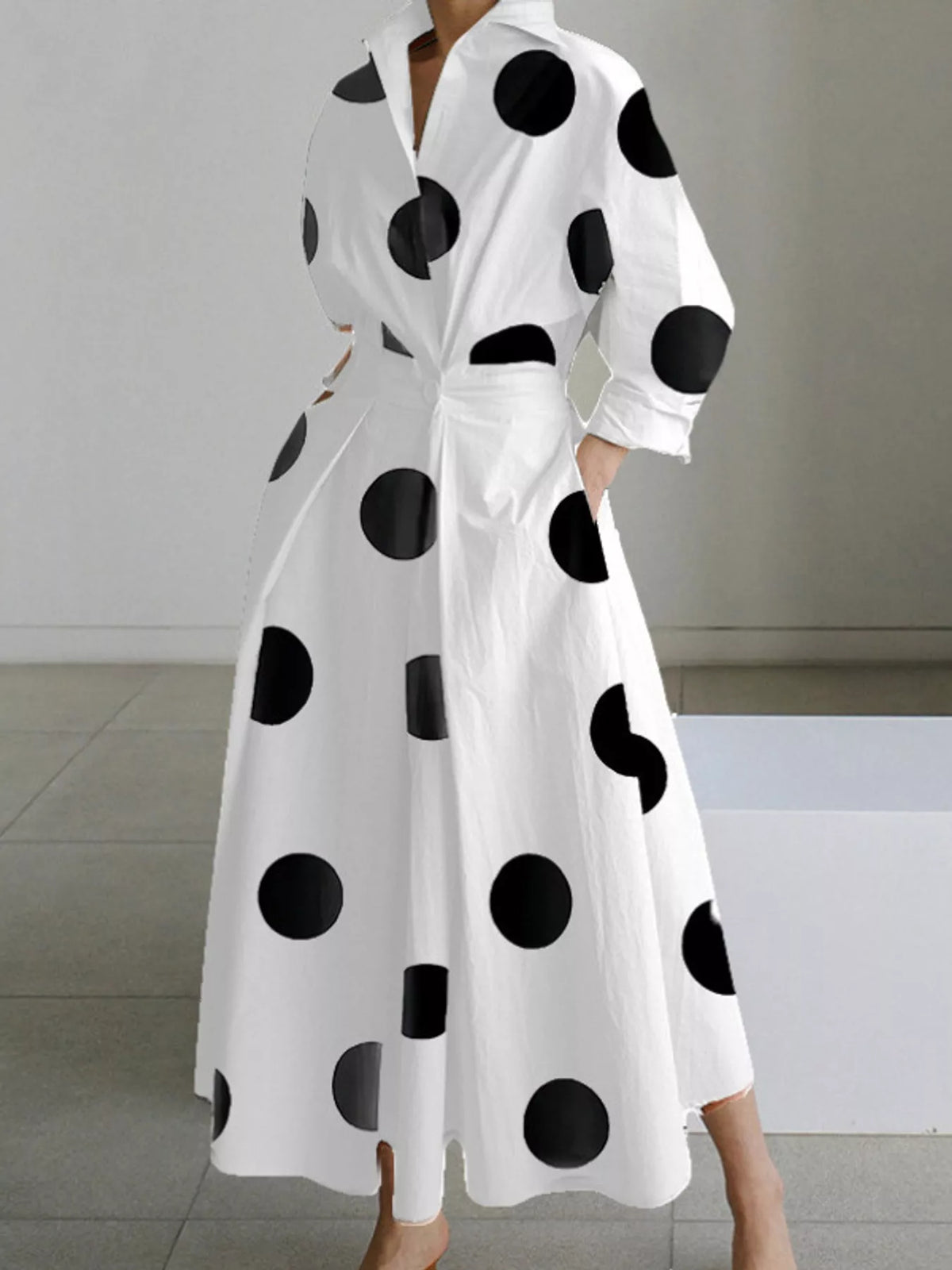 Collared Three-Quarter Sleeve Midi Shirt Dress — front view