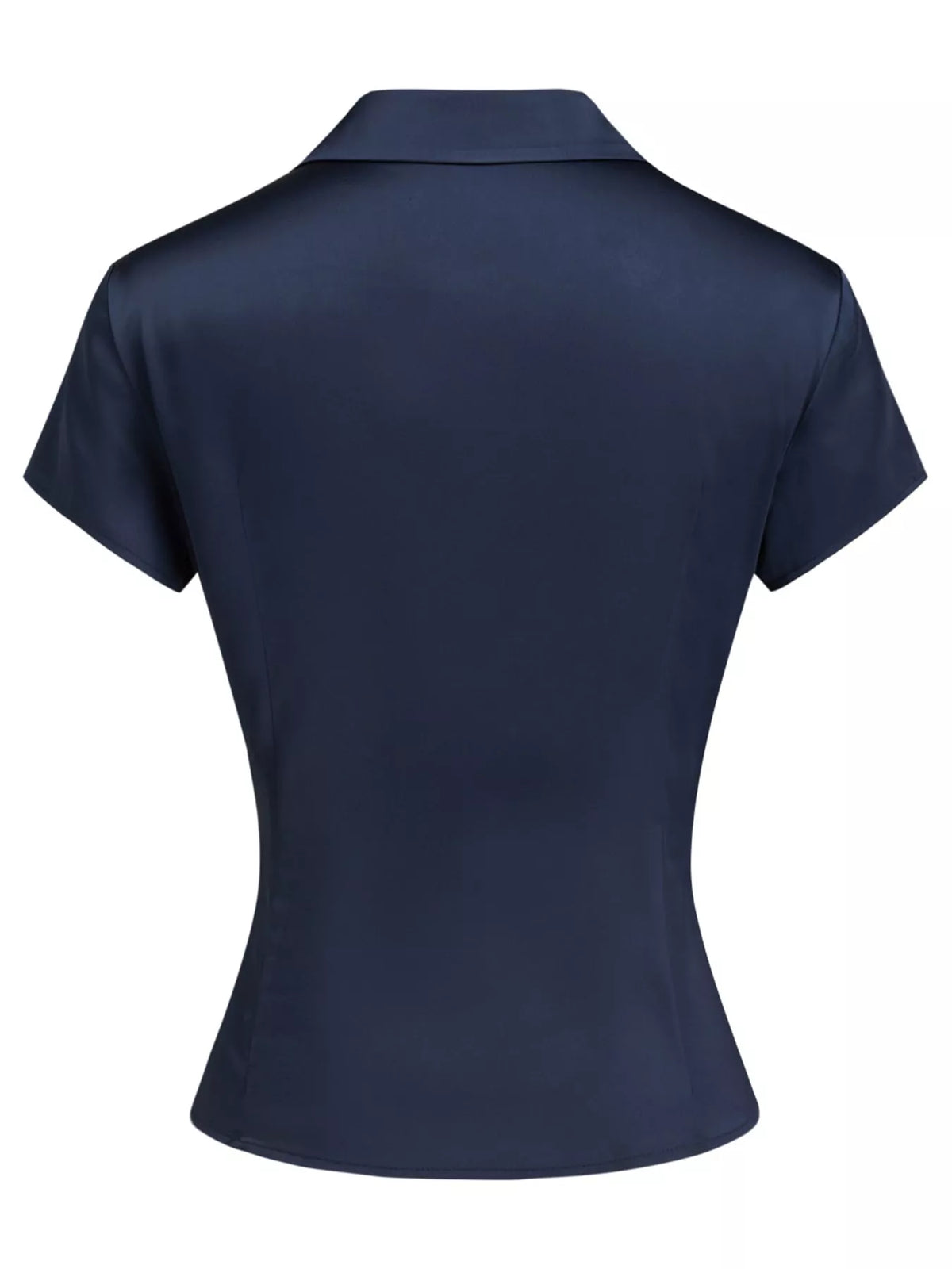 Satin Short Sleeve Button-Down Shirt, back view in navy blue