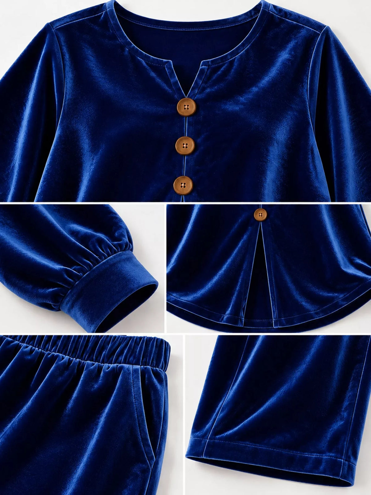 Navy decorative button top and pants set — design and construction details