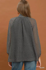 Trendsi Umgee Dot Print Tie Neck Long Sleeve Blouse -