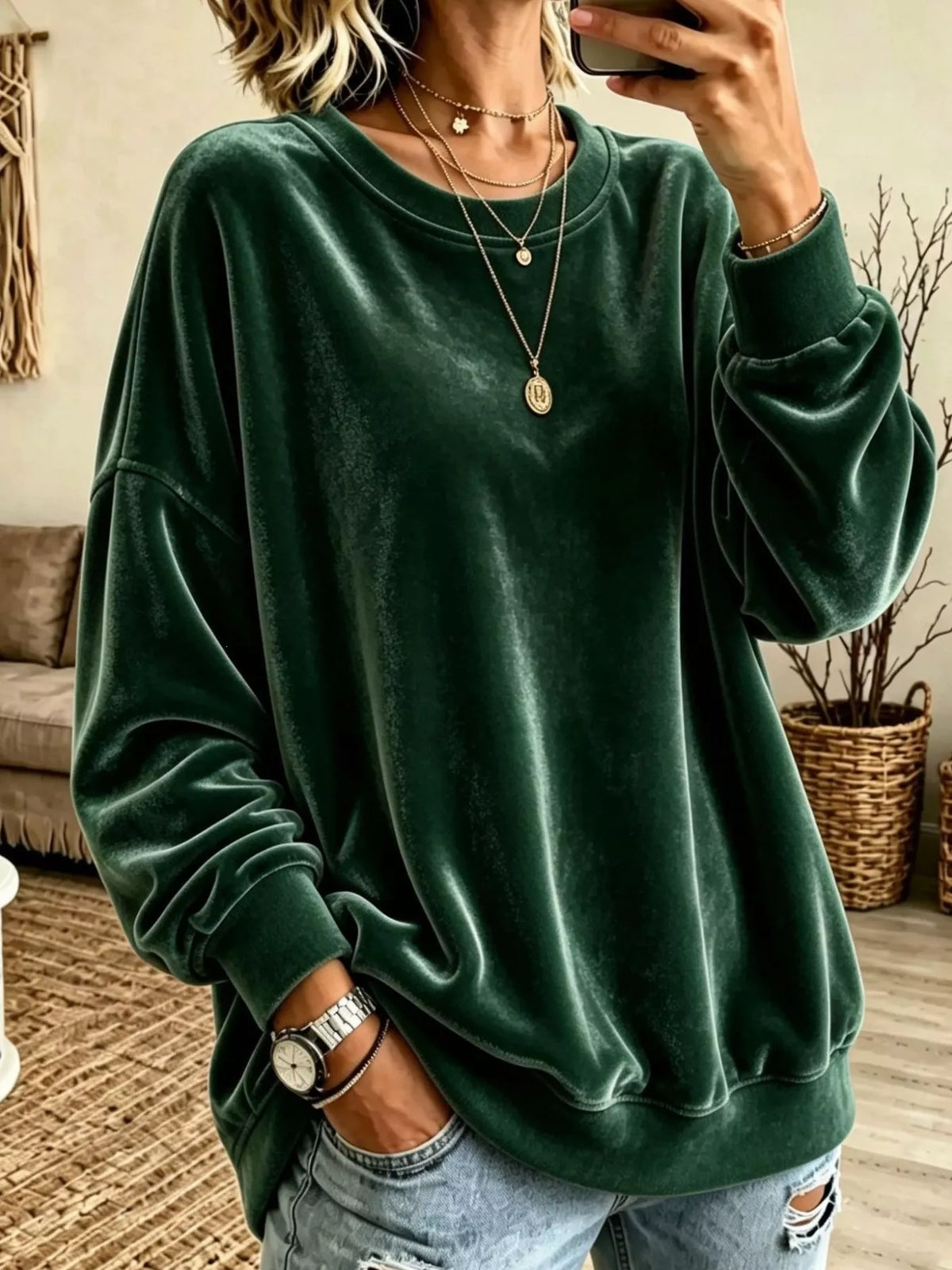 Women's Velvet Dropped Shoulder Crew Neck Sweatshirt in green — front view