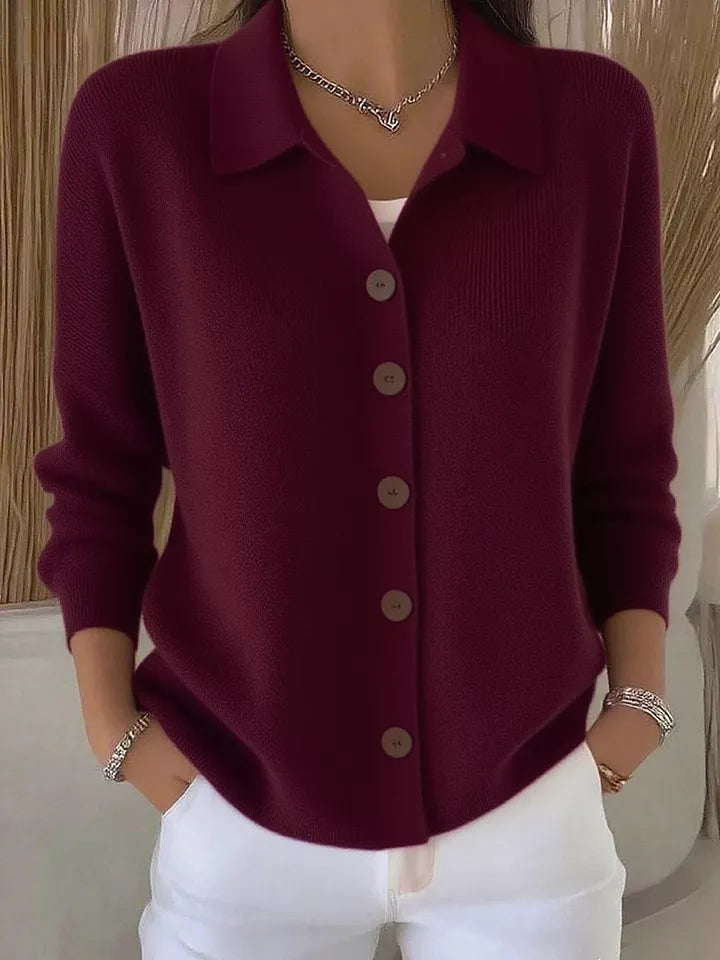 Wine Red collared button-down knit cardigan