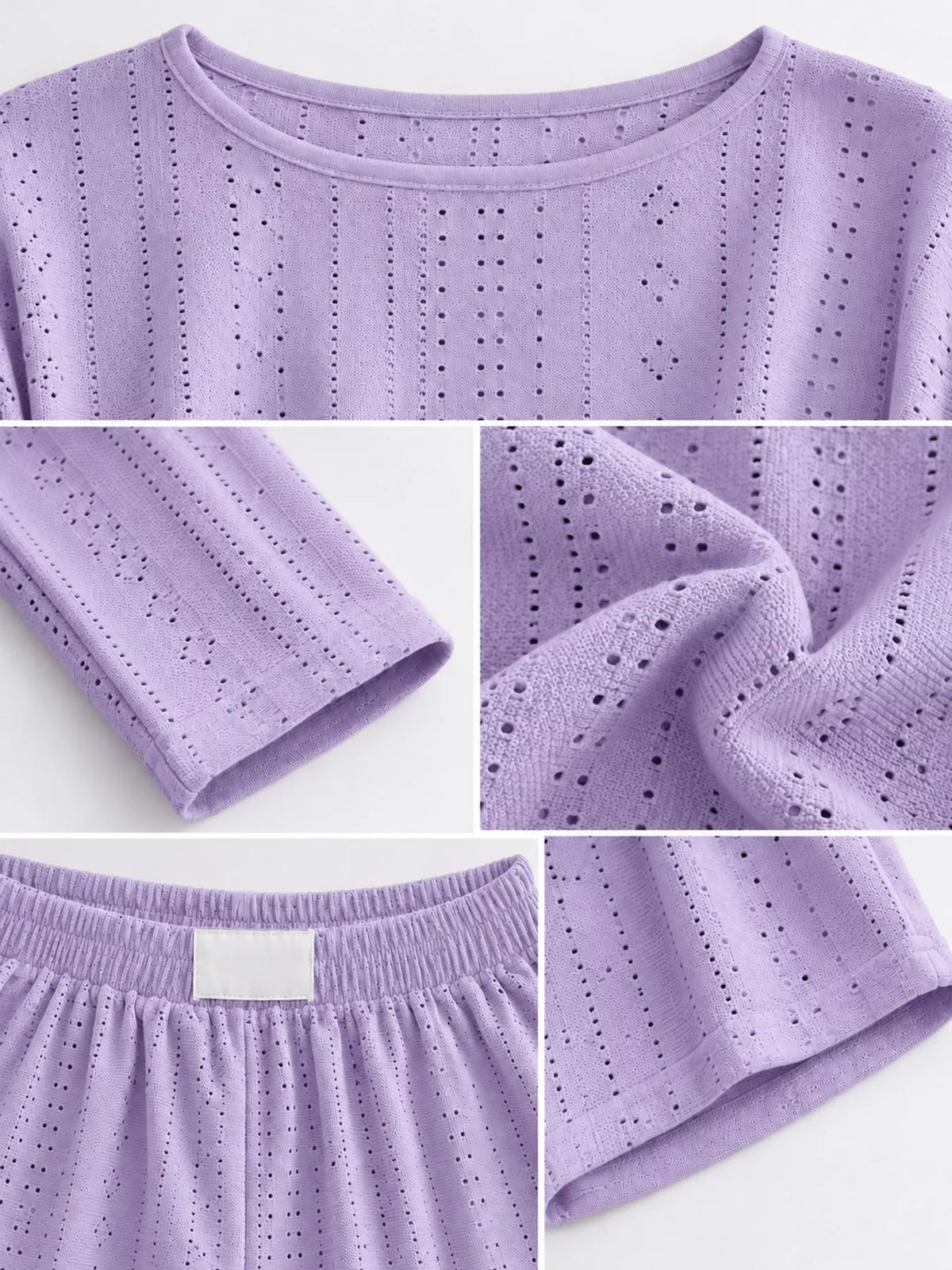 Eyelet Long Sleeve Top and Shorts Lounge Set, detail view in purple