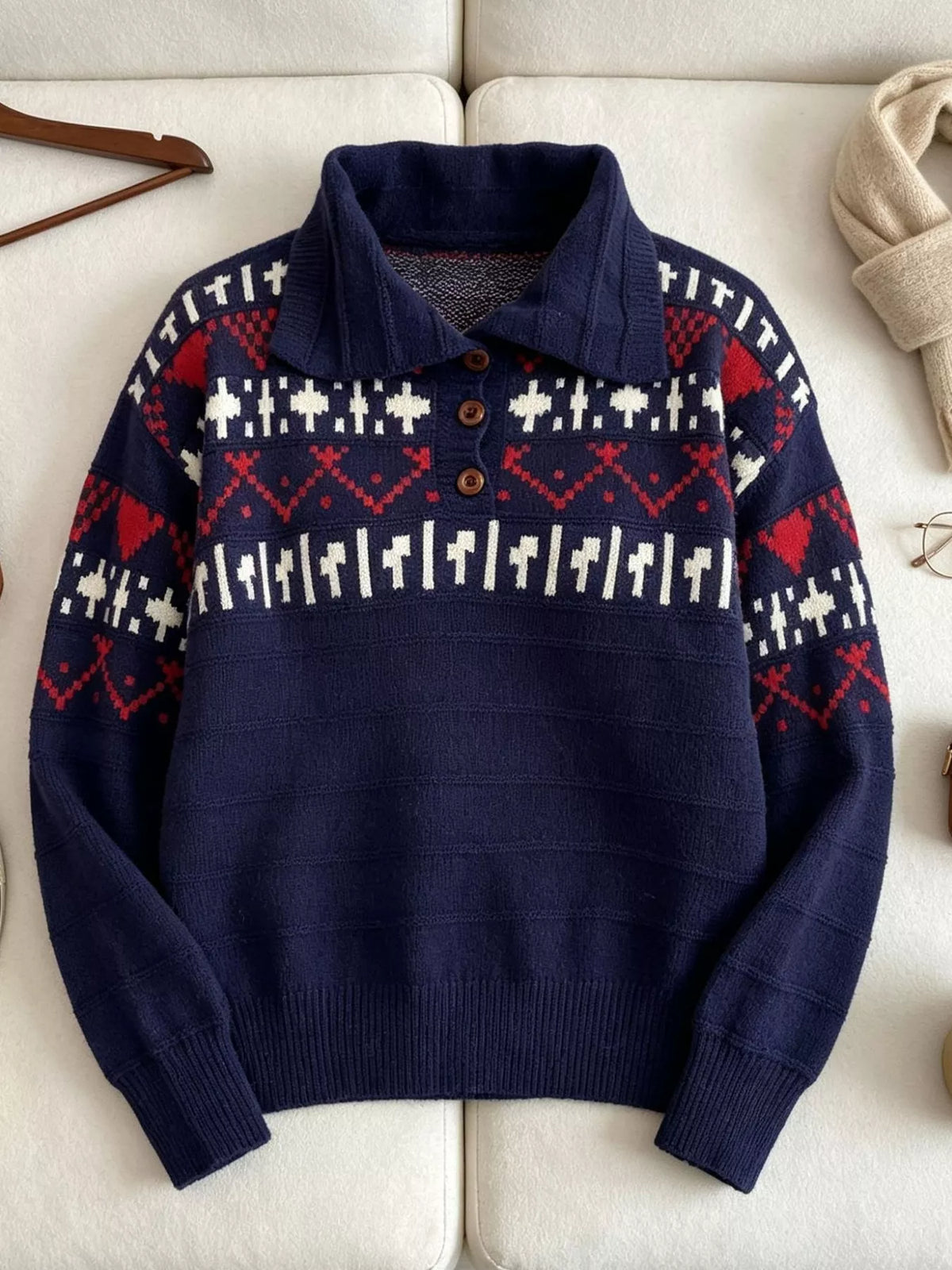 Navy fair isle polo-collar sweater, front flat lay.