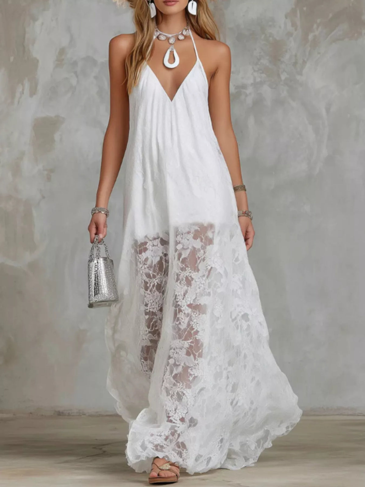 Halter-neck lace-hem maxi dress