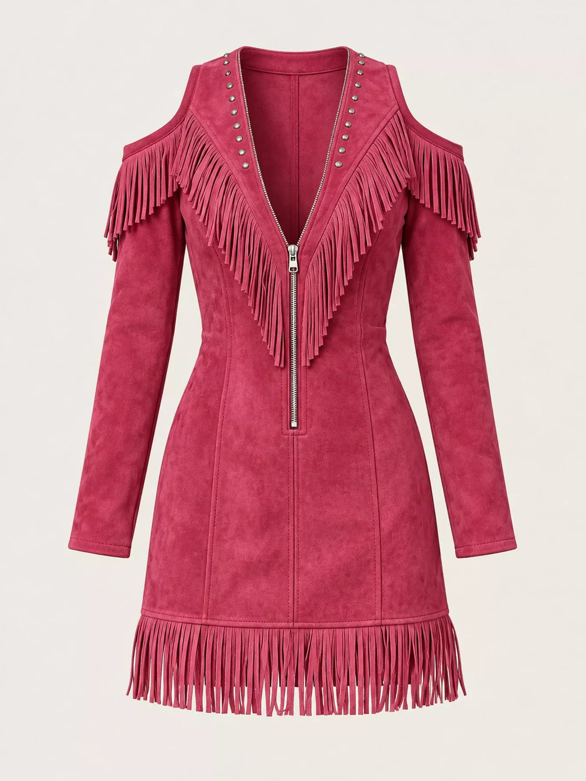 Fringed cold-shoulder dress, pink flat front