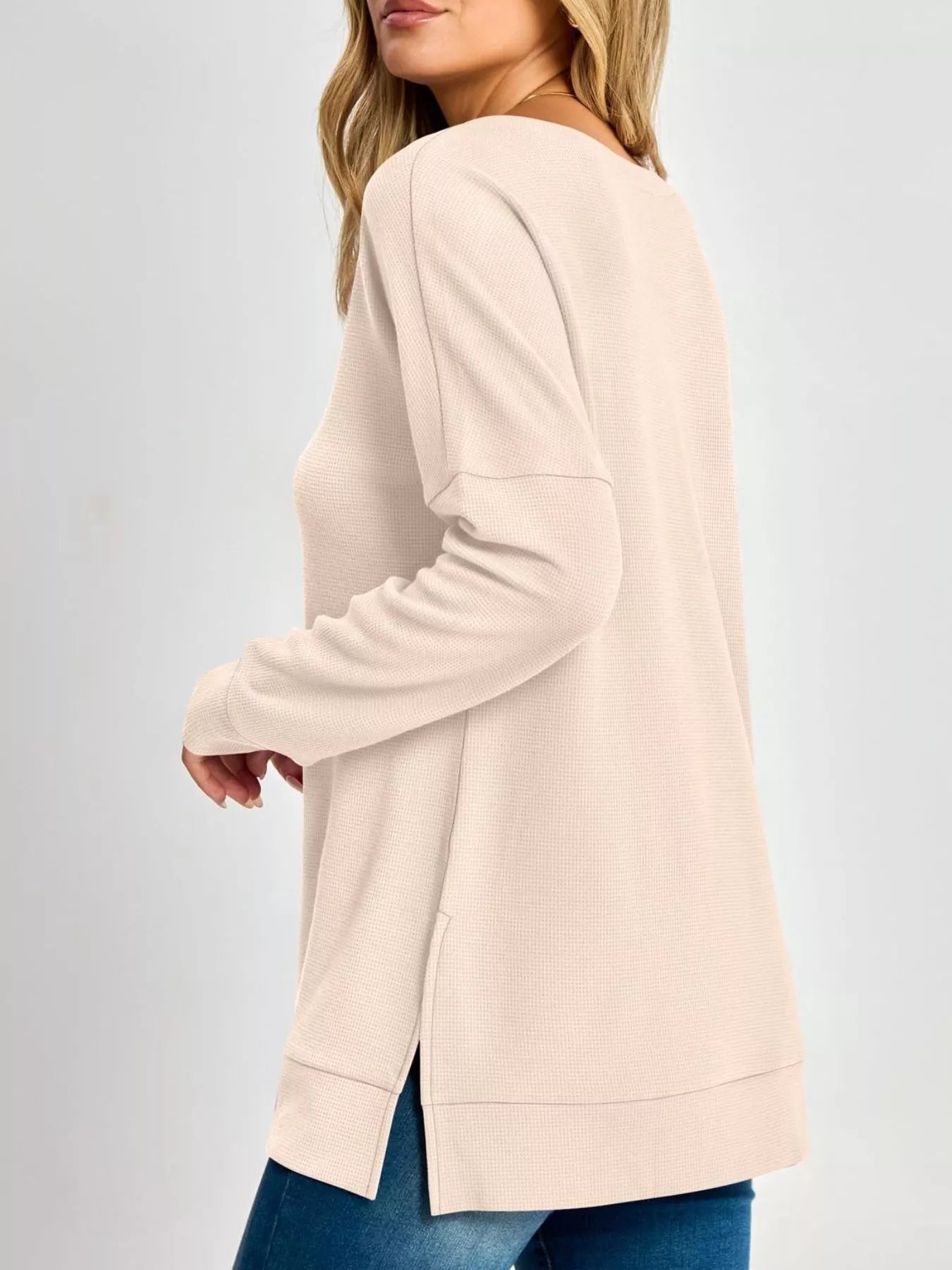 Trendsi Side Slit Waffle Knit V-Neck T-Shirt -