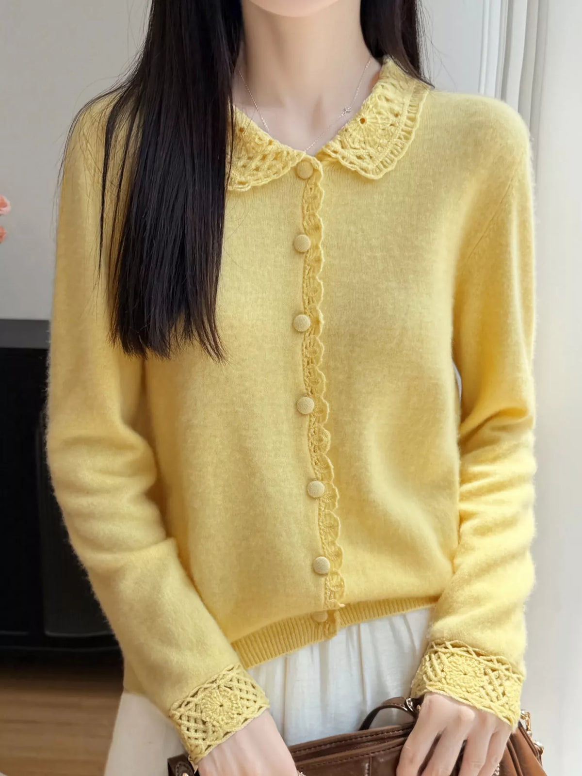Lace-collar cardigan, yellow front