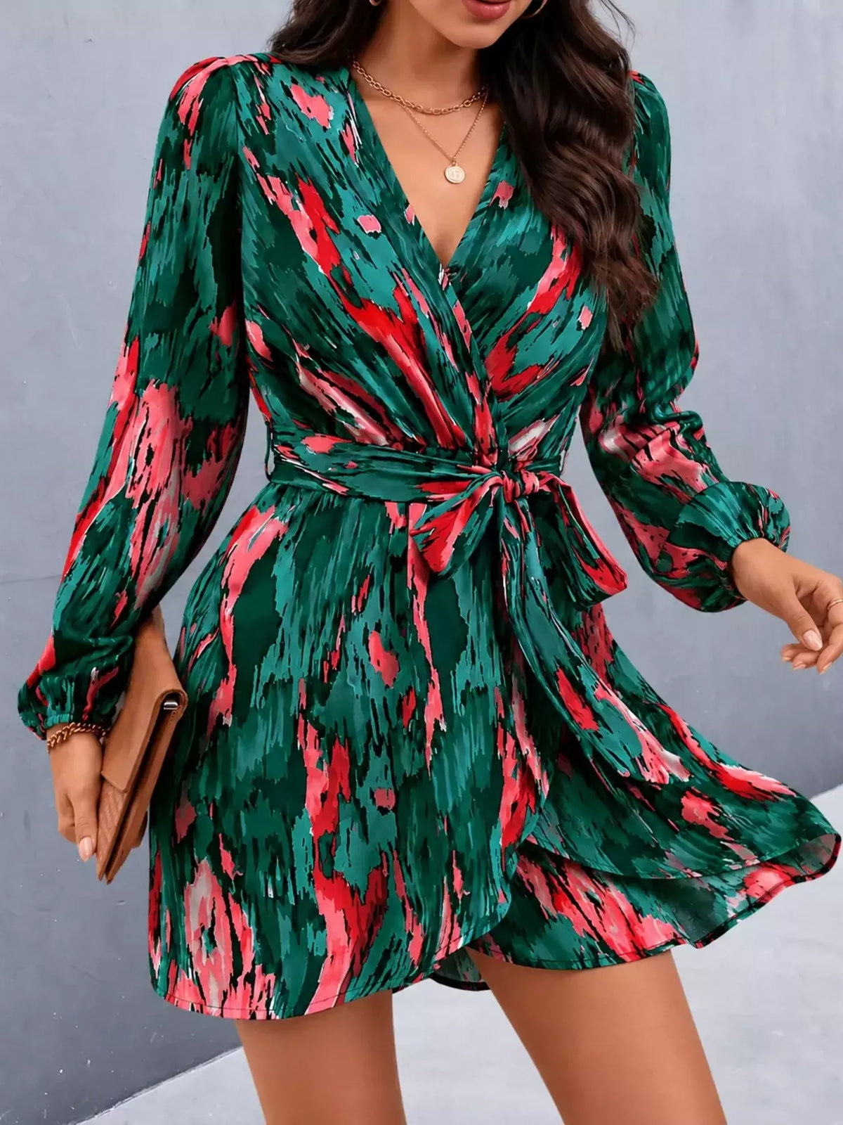 Long Sleeve Abstract Print Wrap Dress with Tie Waist in dark green
