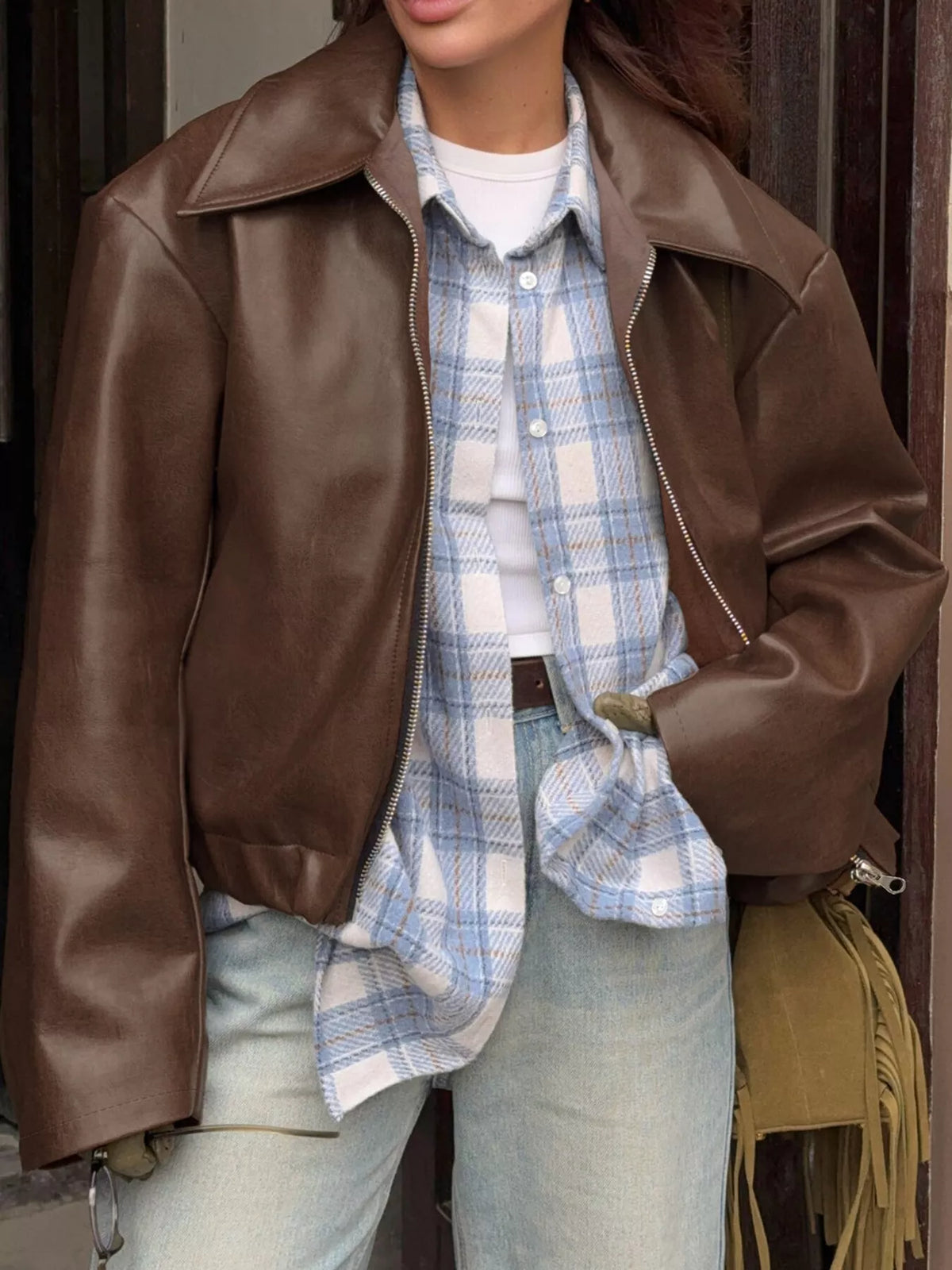 Vintage Faux Leather Zip-Up Jacket — front view