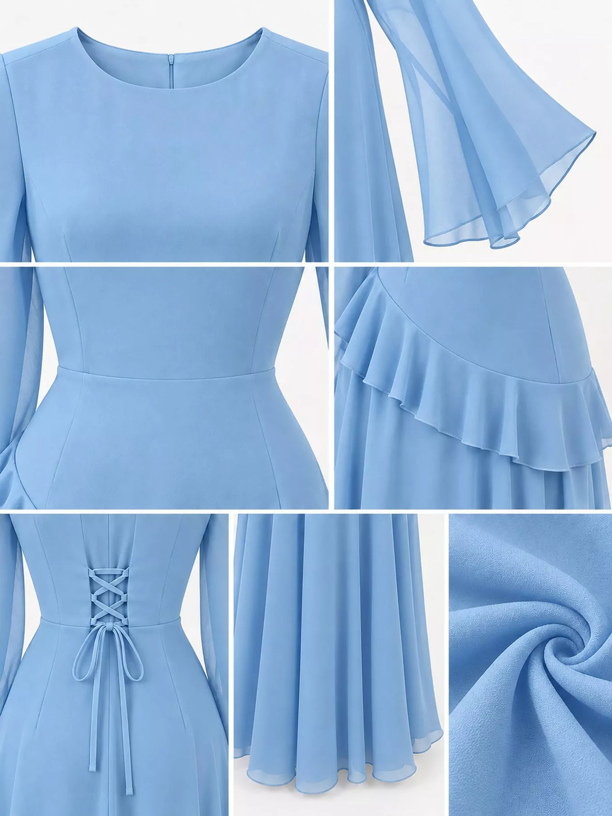 Light blue ruffled flare sleeve maxi dress, detail view
