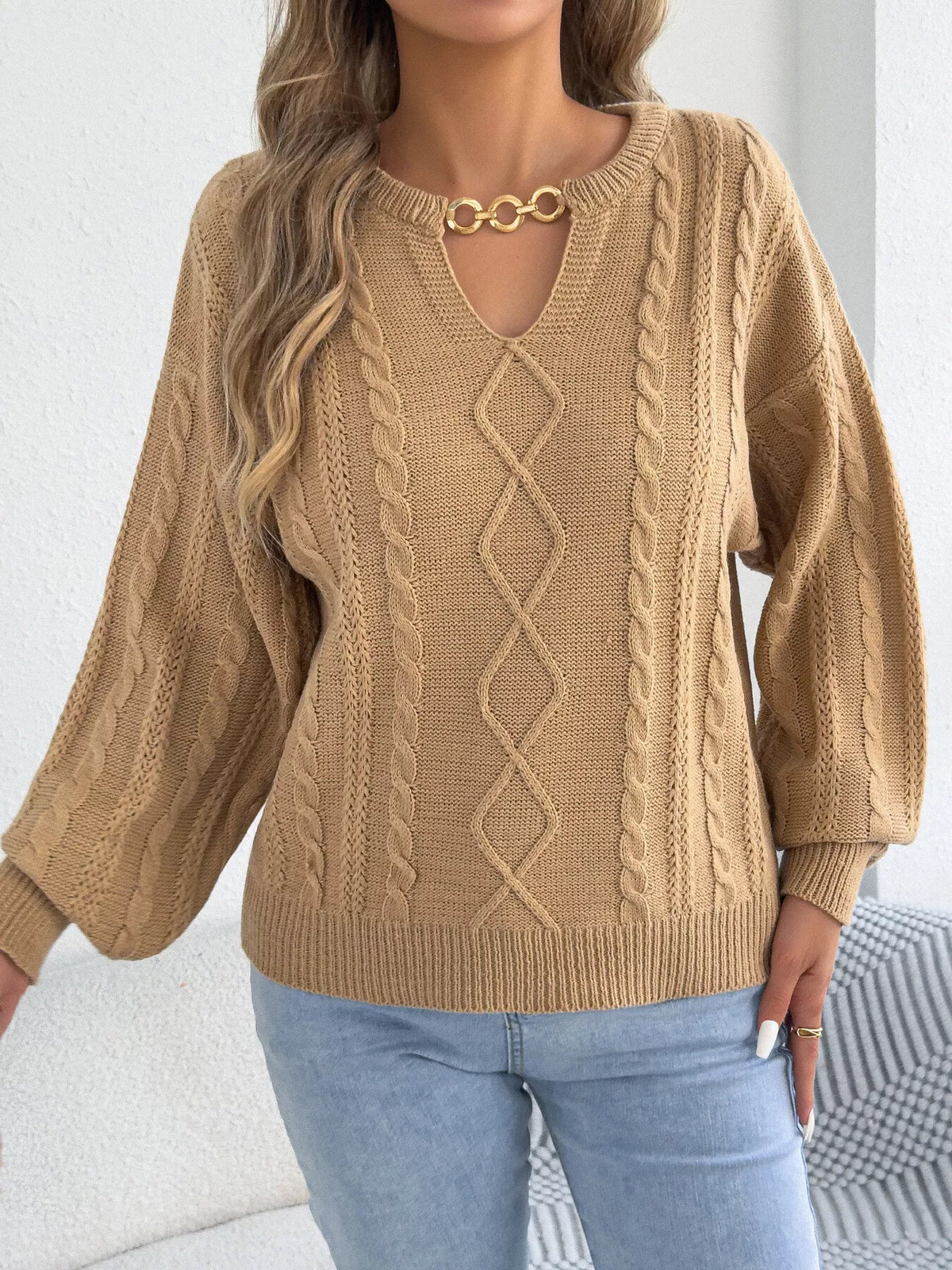 Tan cable knit notched sweater