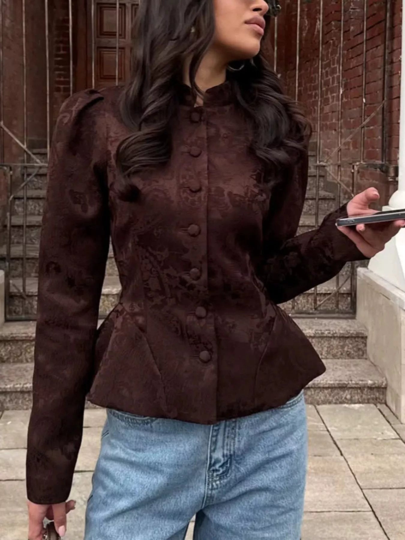 Trendsi Jacquard Peplum Puff Sleeve Outerwear -