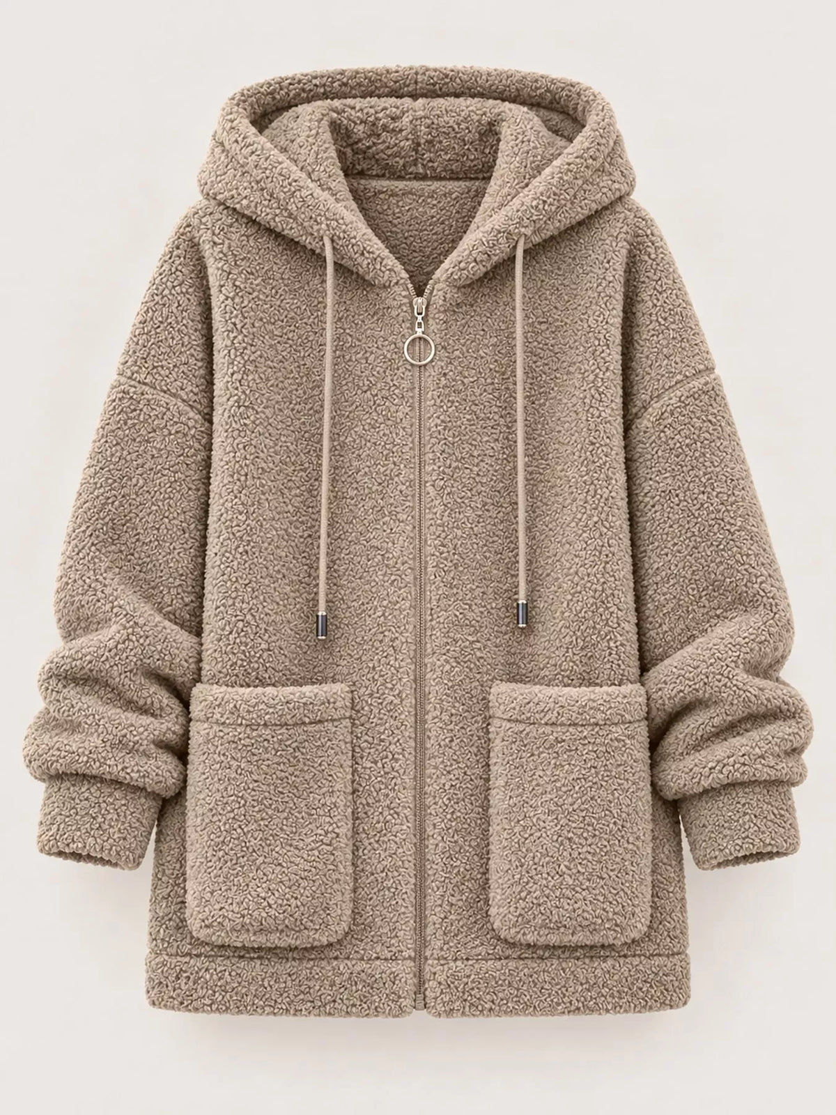 Khaki fleece zip-up hoodie with pockets