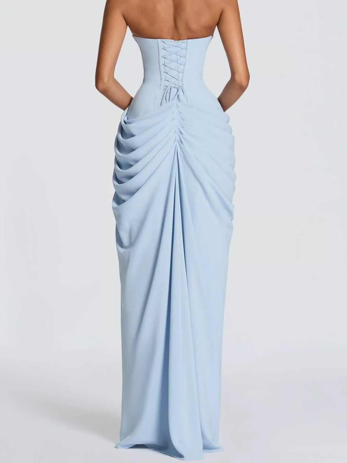 Light Blue strapless ruched high-slit evening dress, back view