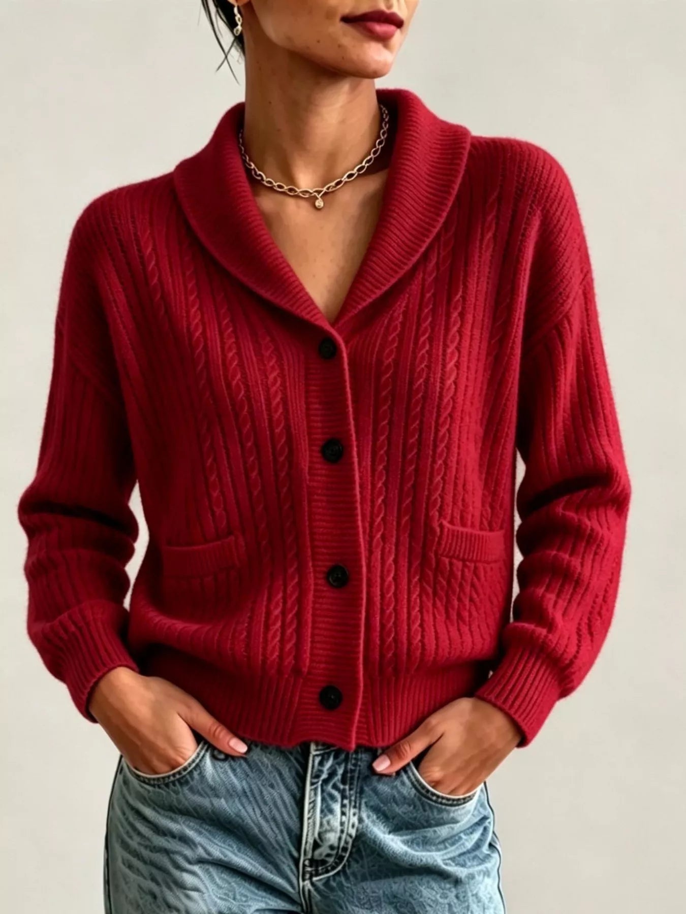 Trendsi Full Size Shawl Collar Cable Knit Cardigan Plus Size -