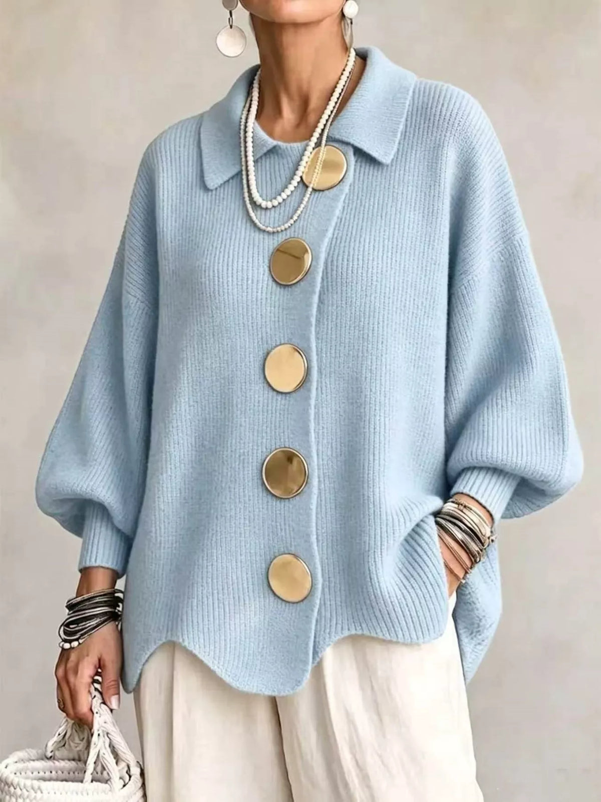 Women's Ribbed Knit Gold Buttons Cardigan in light blue — front view
