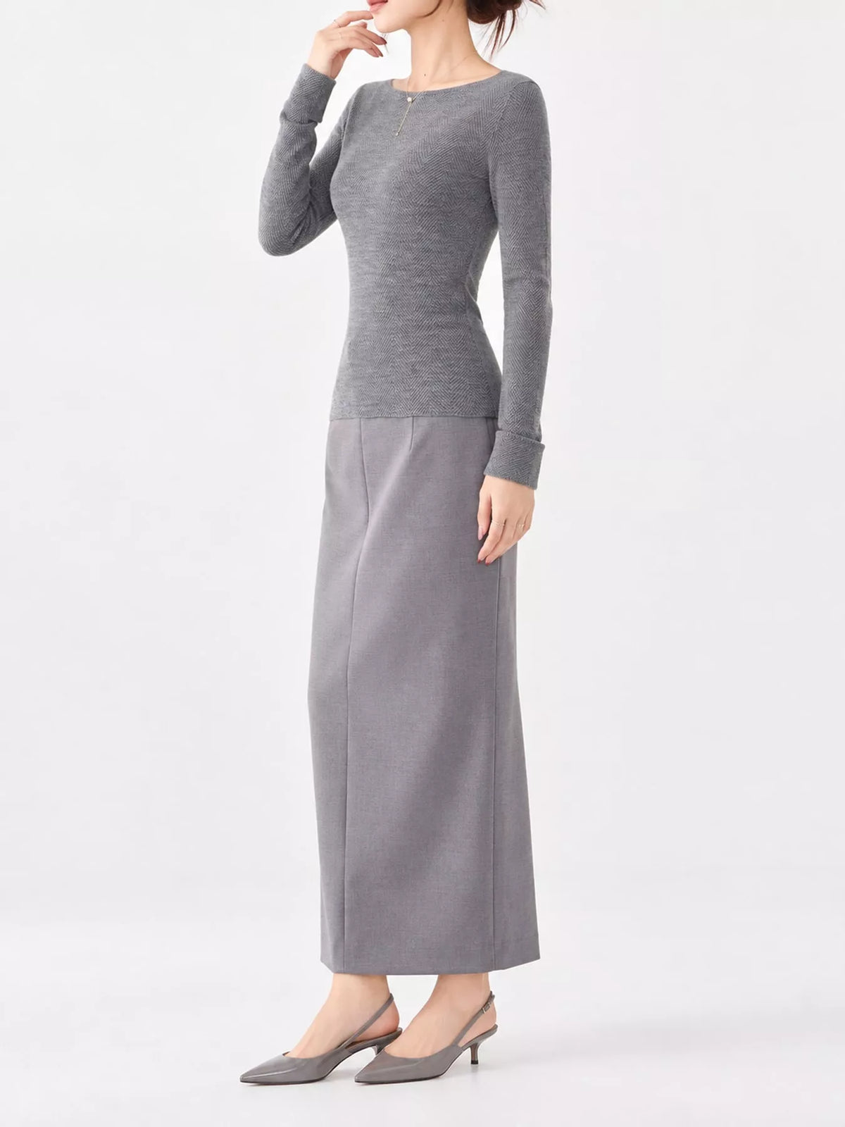 Gray herringbone knit sweater