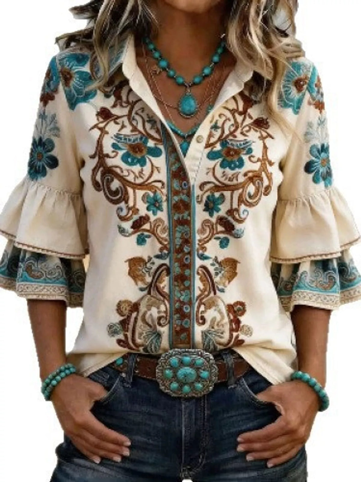 Ivory floral three-quarter sleeve shirt