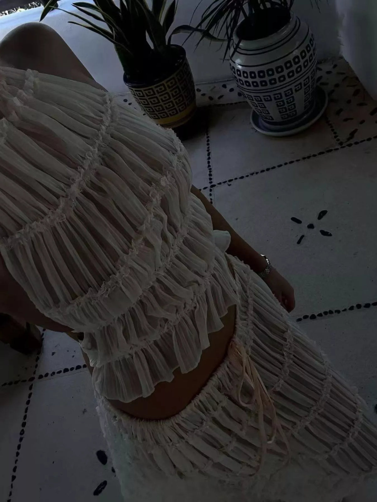 Halter top and skirt set, ivory top waist detail