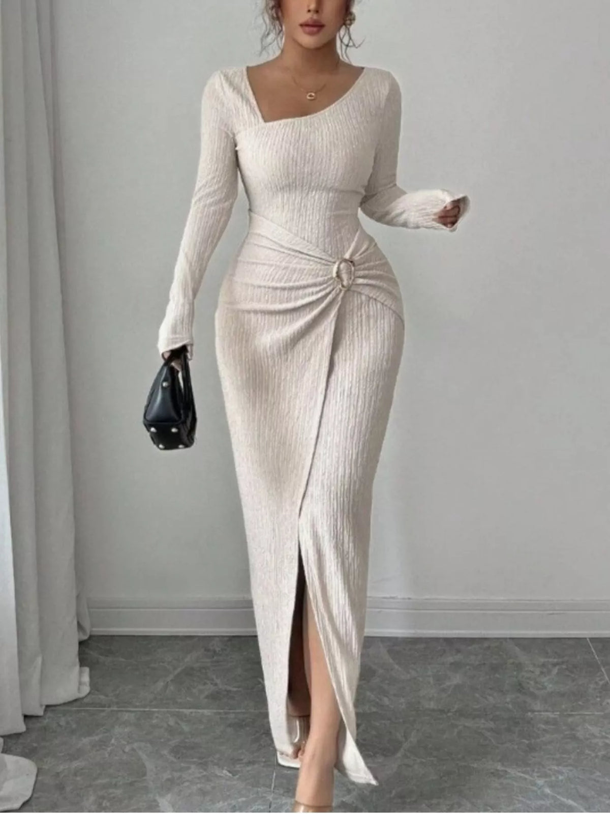 Trendsi Slit Asymmetrical Neck Ribbed Maxi Dress -