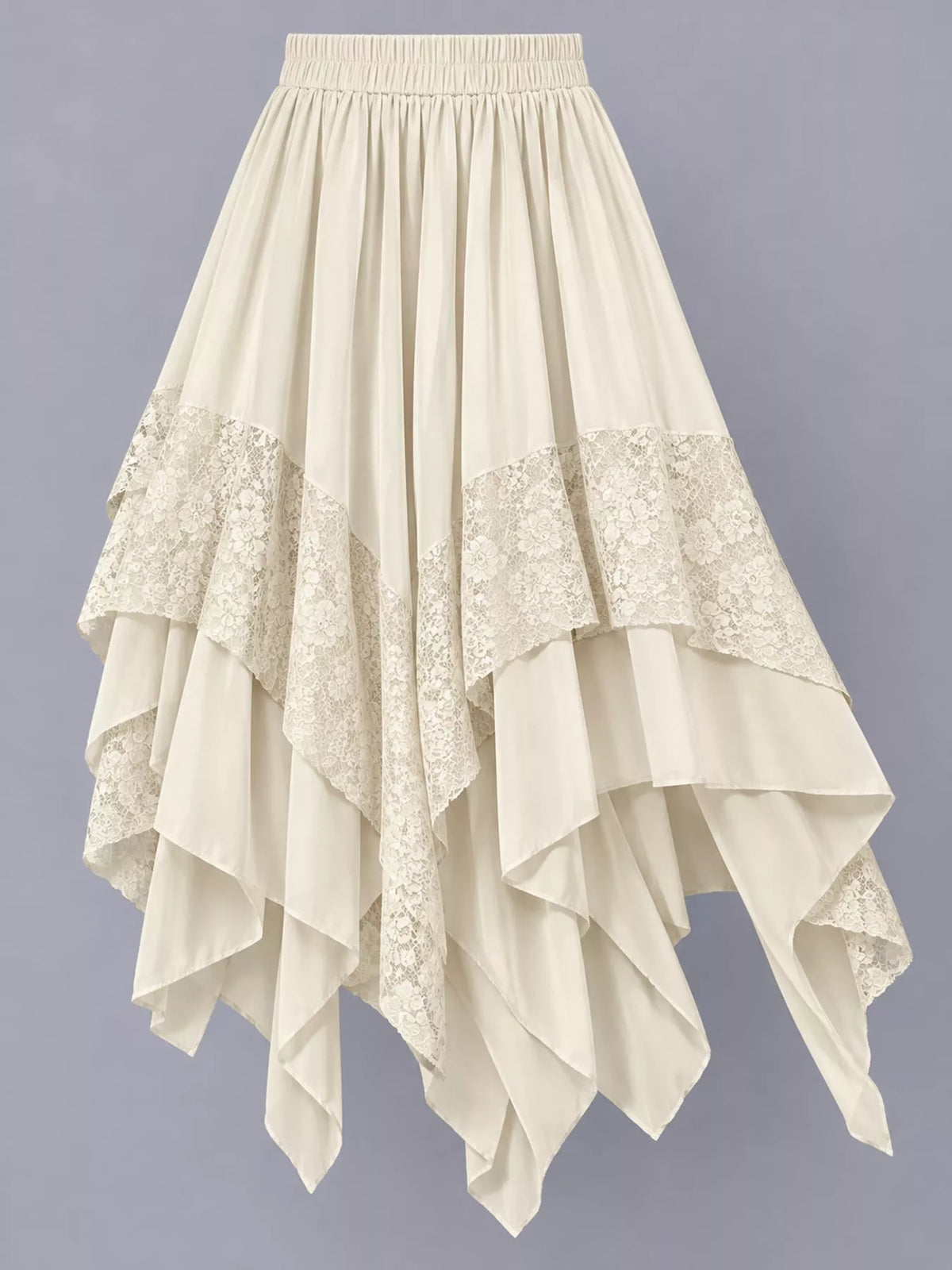 Asymmetric lace skirt, cream flat lay