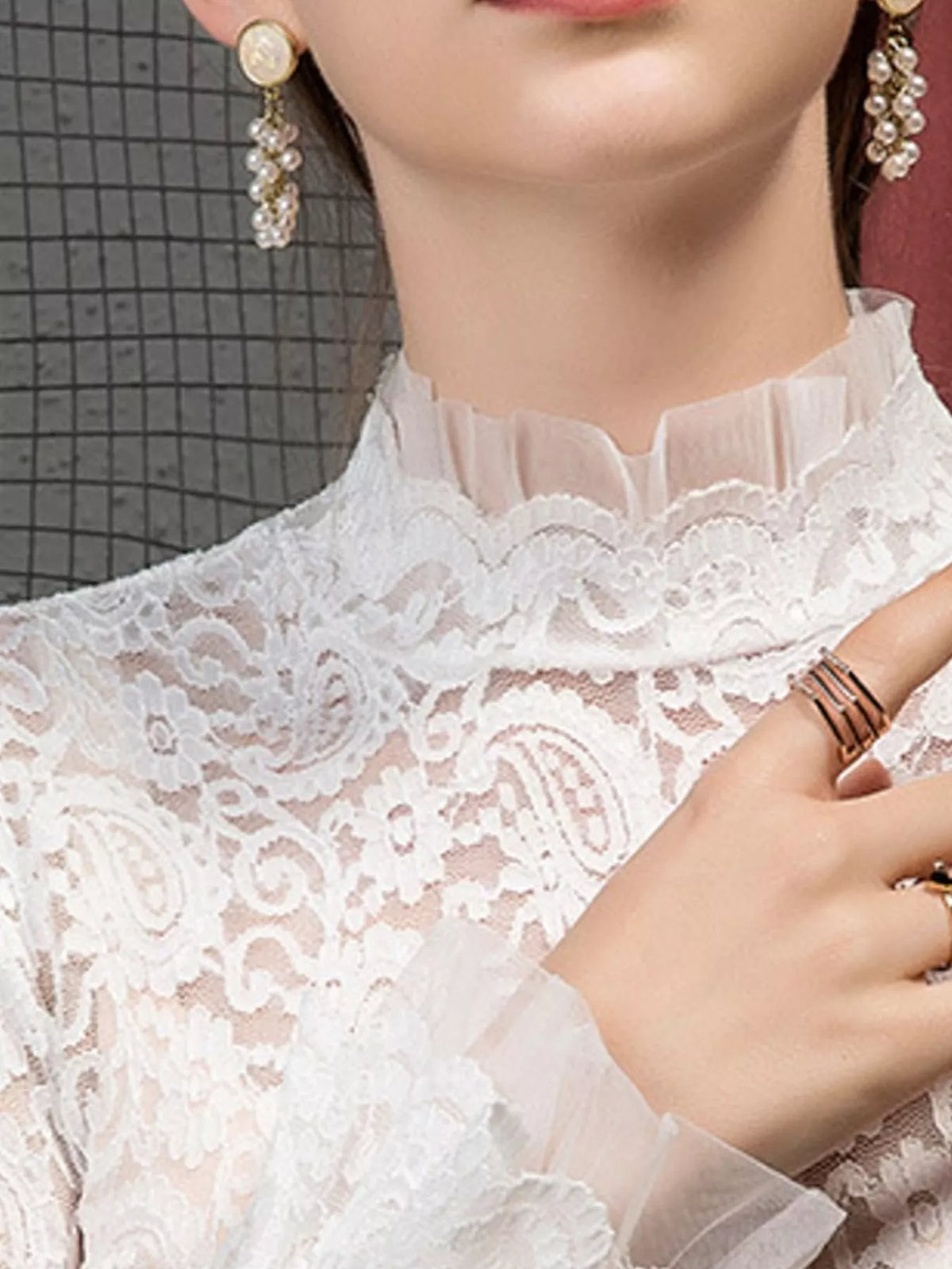 White lace mock neck blouse, ruffled mock neckline and floral lace