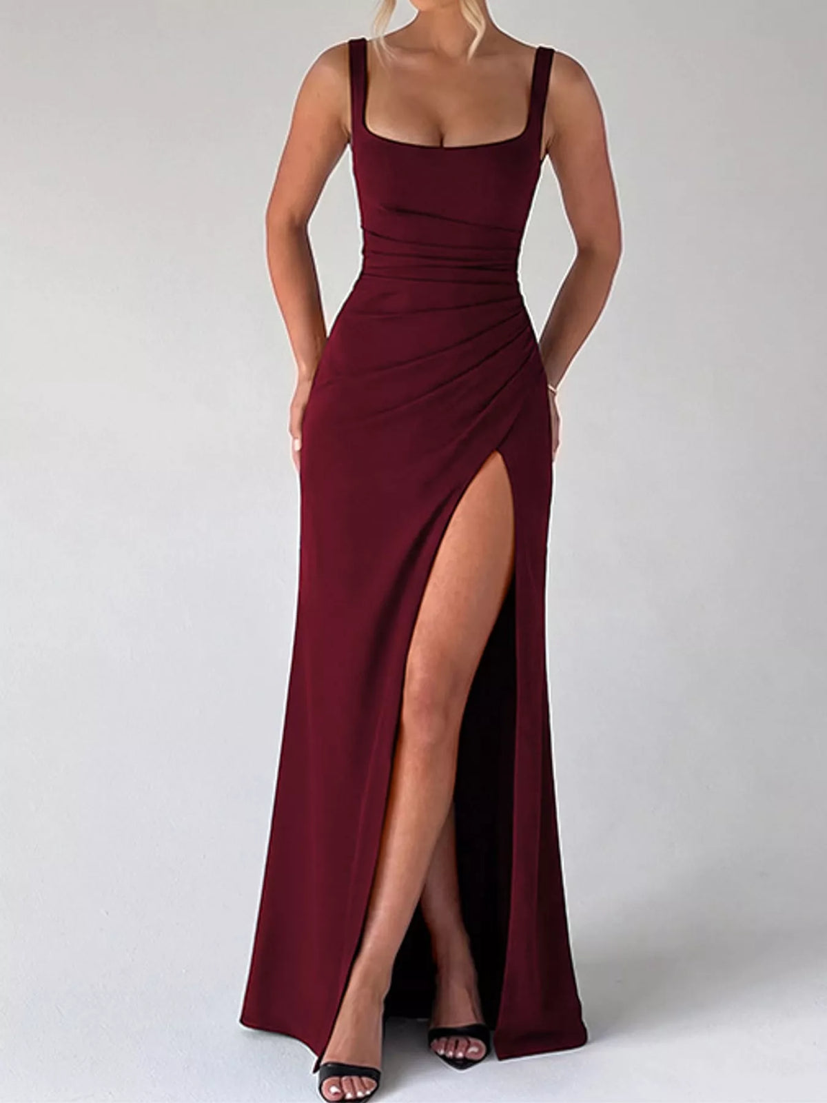 Women's Sleeveless High-Slit Evening Maxi Dress in burgundy — front view