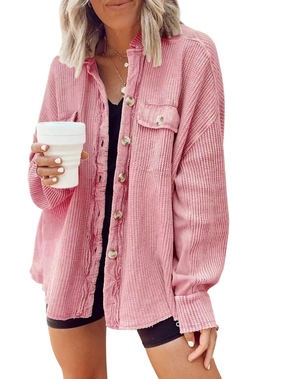 Trendsi Oversized Waffle Knit Button-Up Jacket -