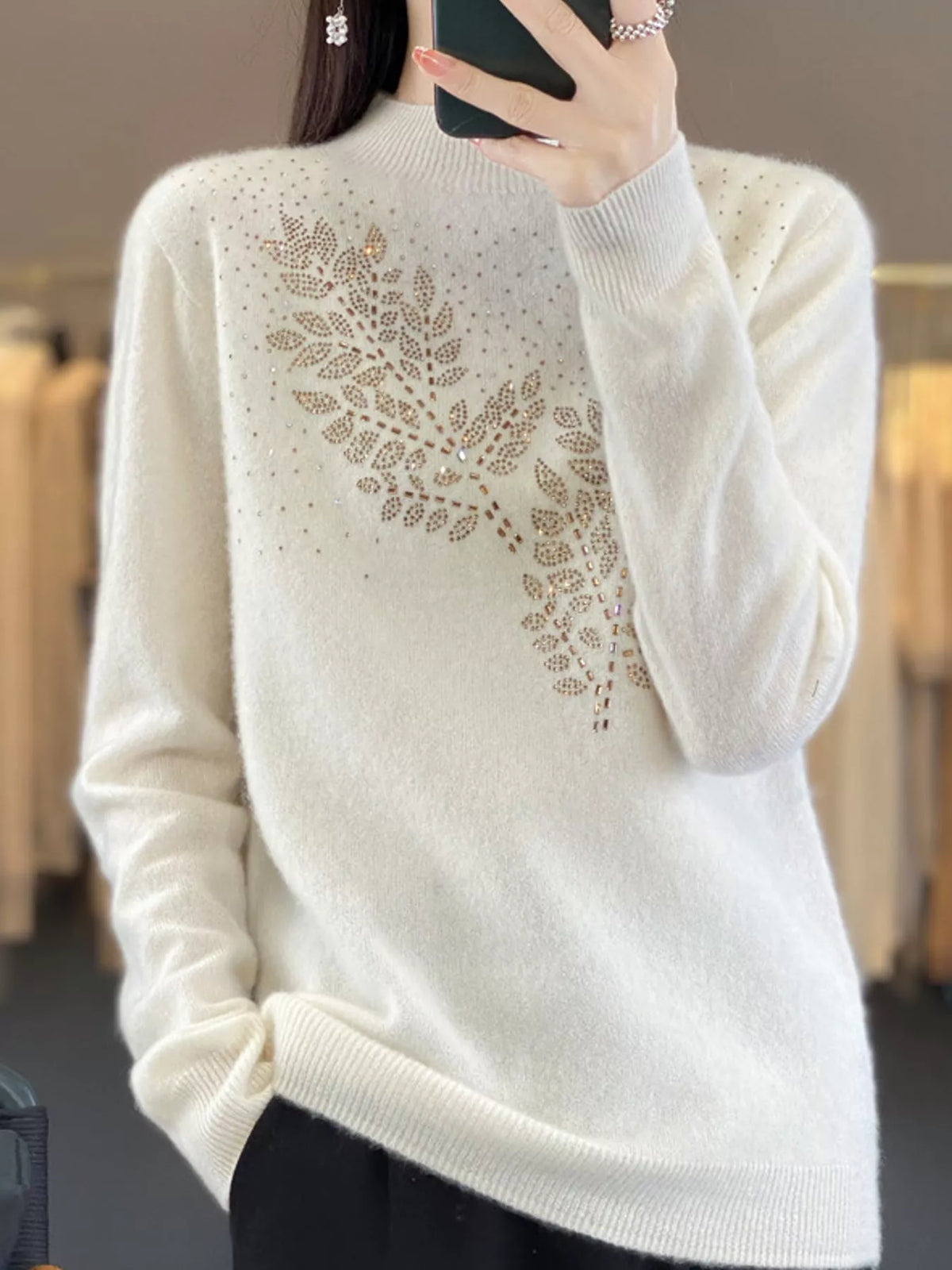 Rhinestone Leaf Mock Neck Sweater — front view