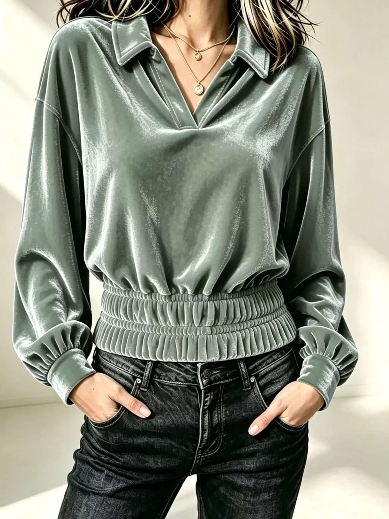Trendsi Velvet Johnny Collar Long Sleeve Blouse -