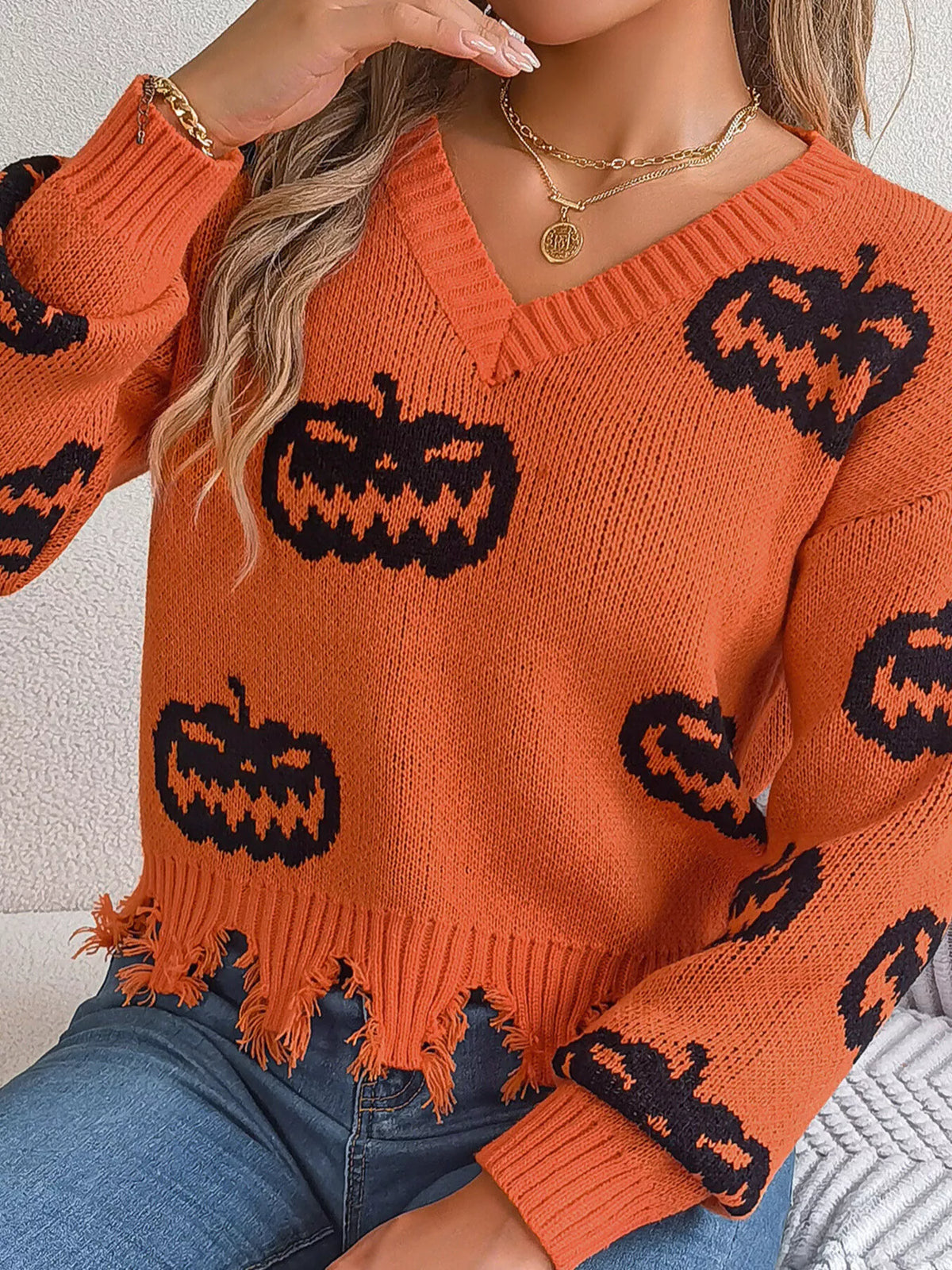 Pumpkin Distressed Hem Sweater in orange, front view