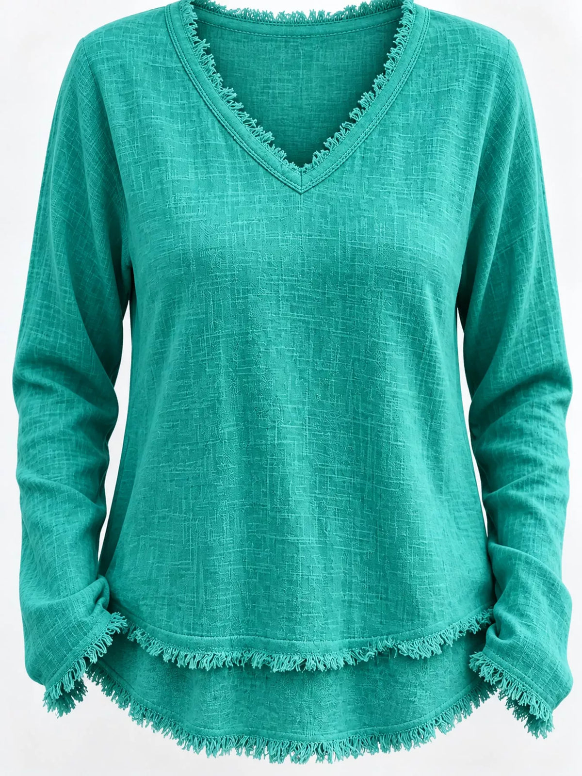 Frayed-hem blouse, teal front hem detail