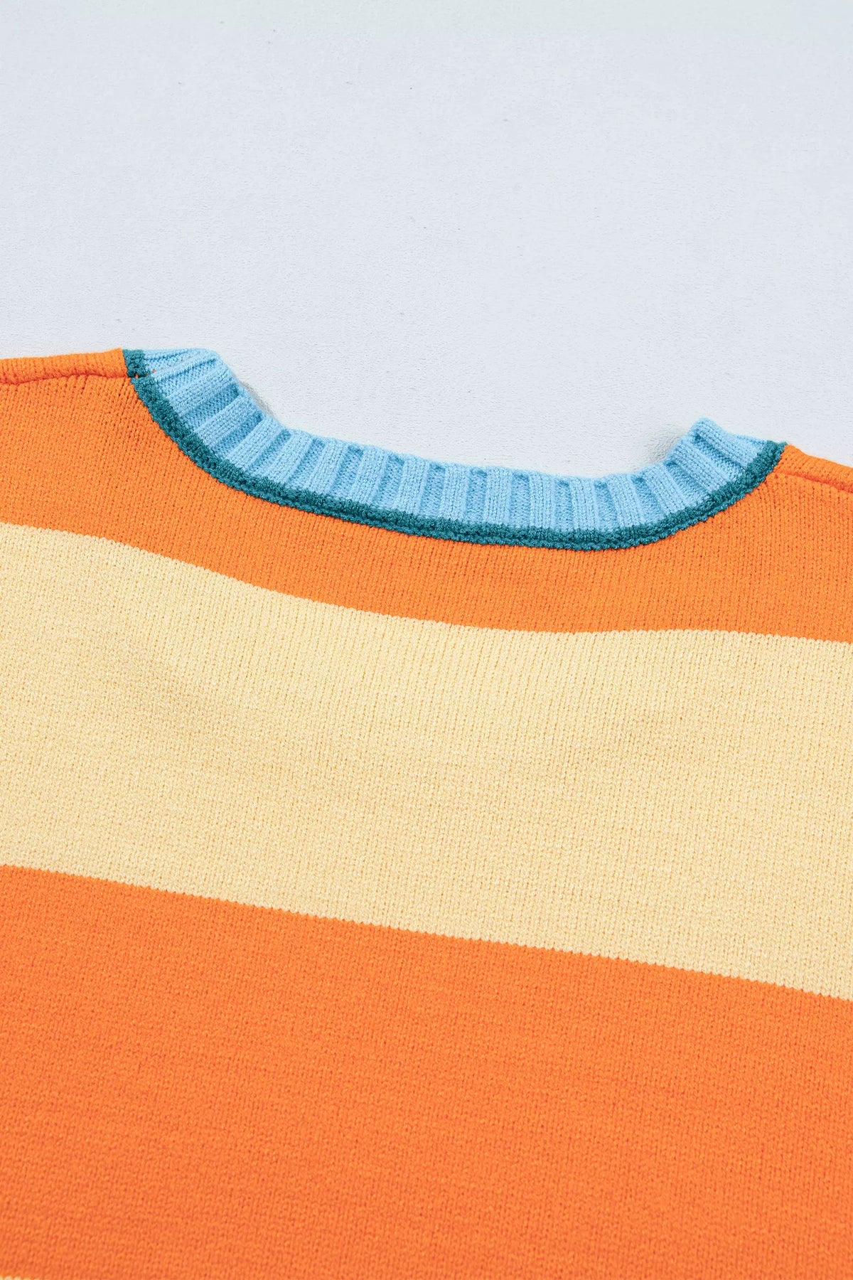 Striped colorblock sweater, back neckline detail