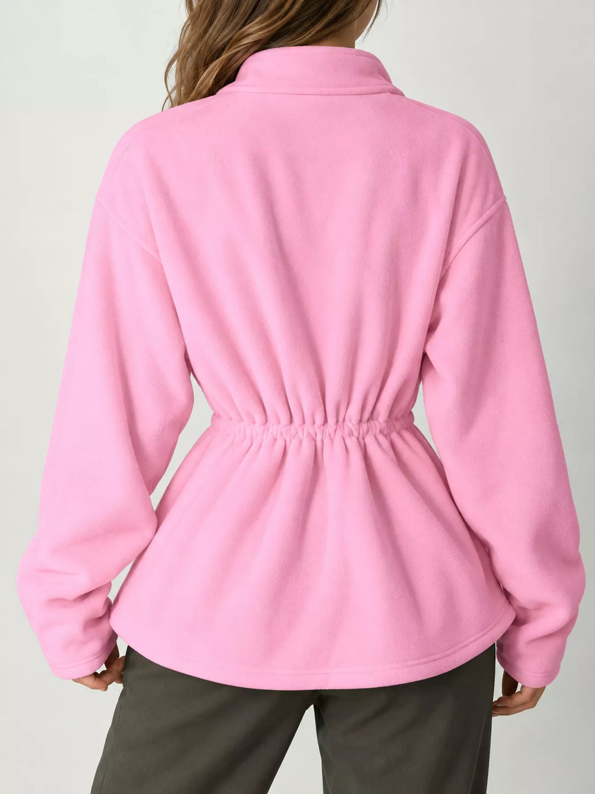 Pink drawstring fleece zip-up jacket, back view