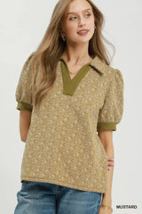 Trendsi Umgee Printed Collared Puff Sleeve Top - Pants