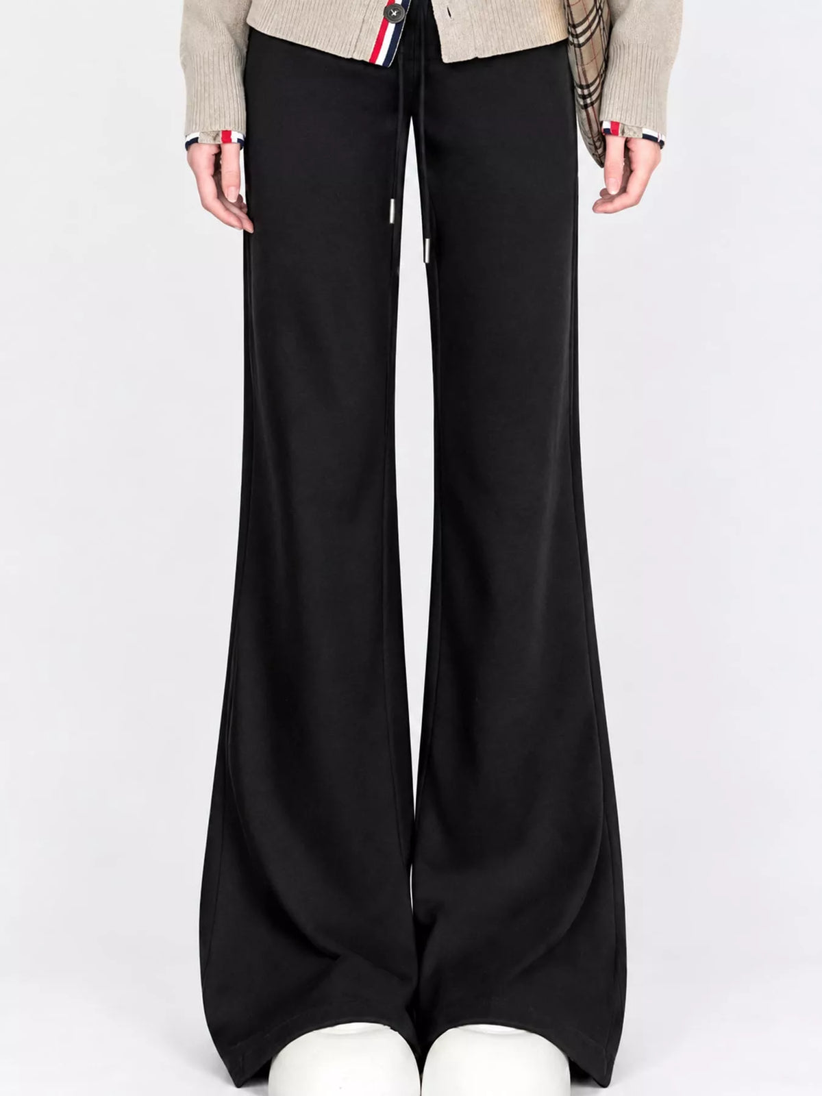 Black high waisted wide leg drawstring pants, front view