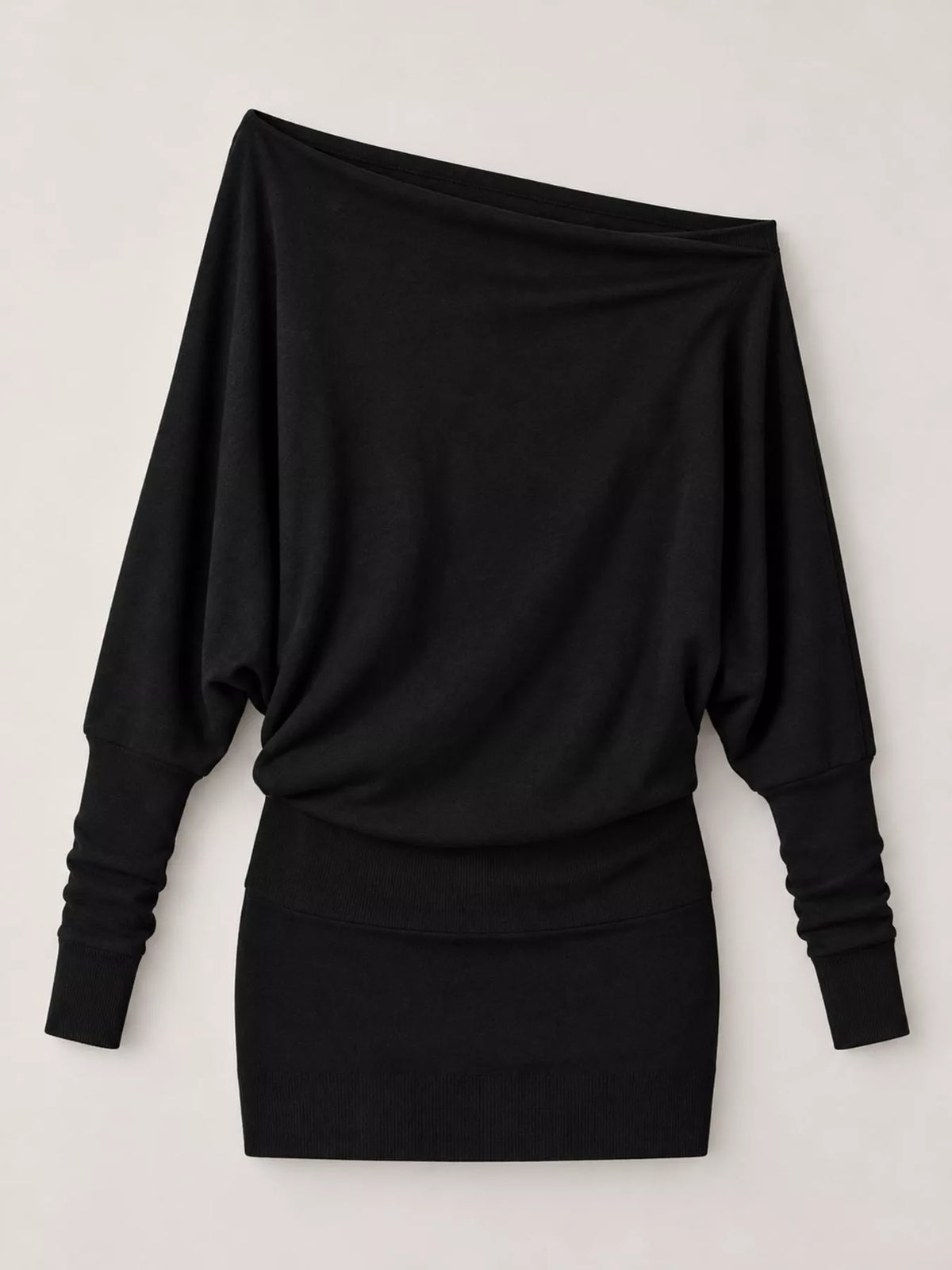 Women's One Shoulder Knit Mini Dress in black — flat lay view
