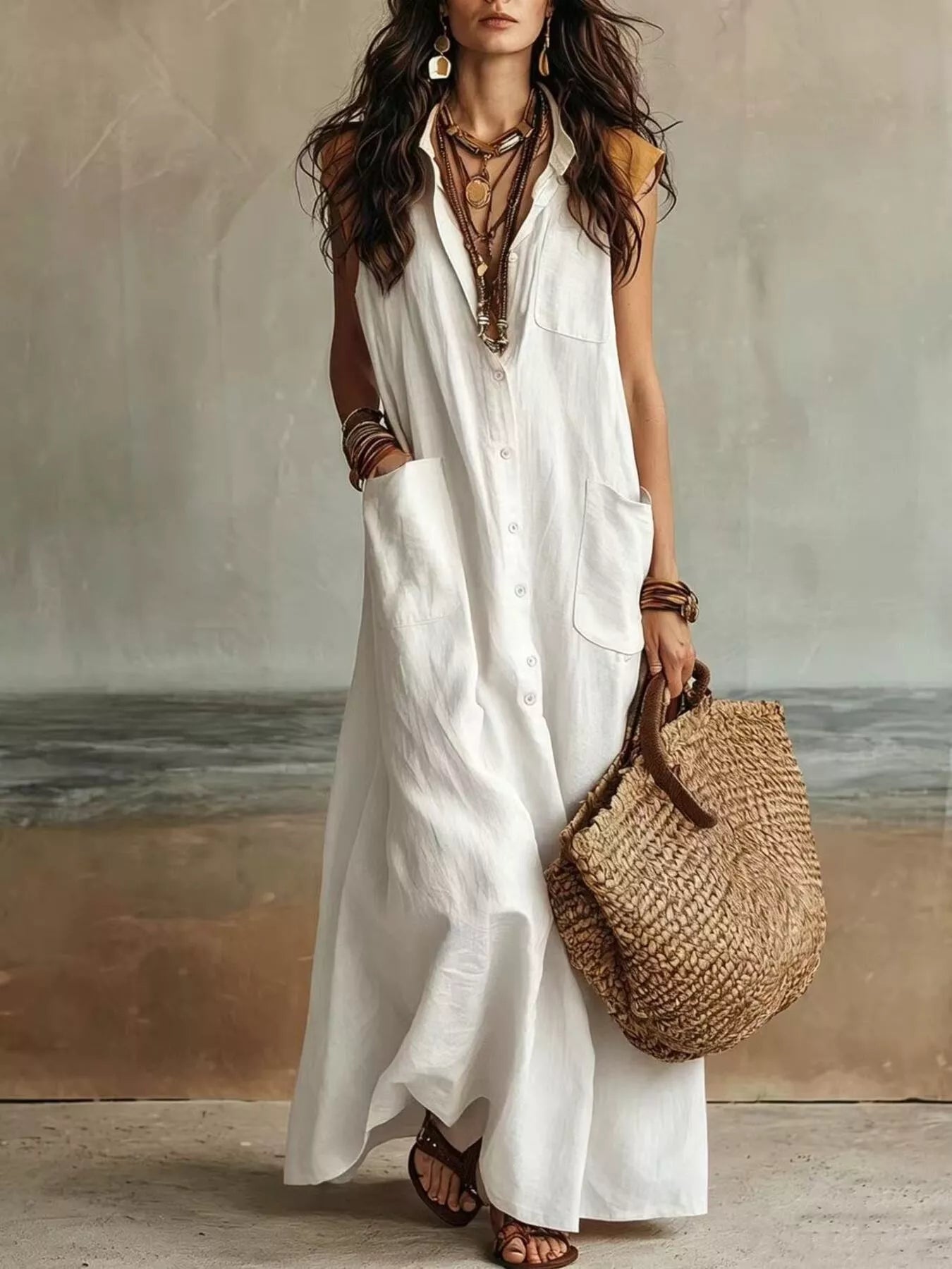 Trendsi Sleeveless Button-Down Linen Maxi Dress -