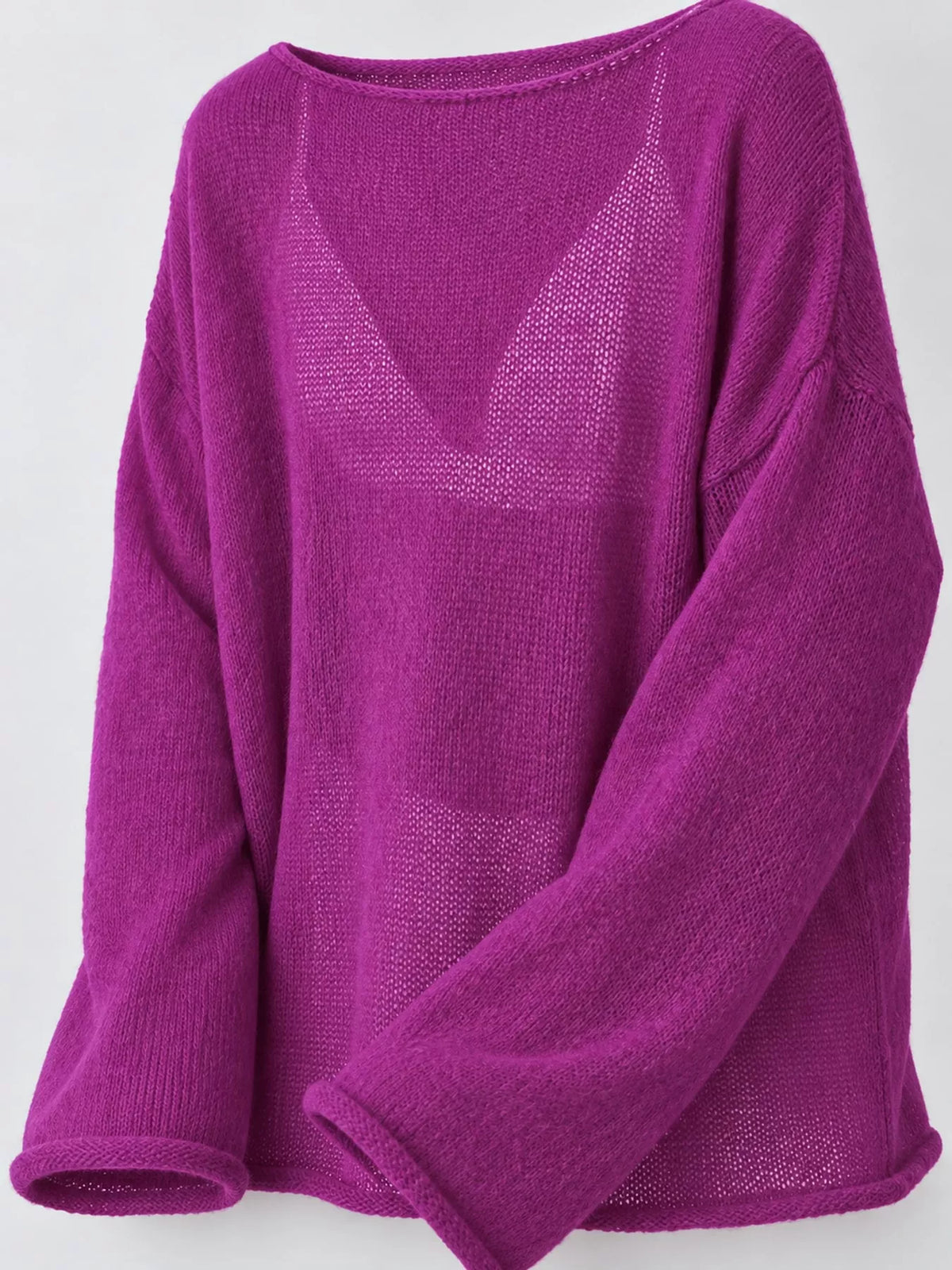 Purple sheer openwork knit long sleeve top