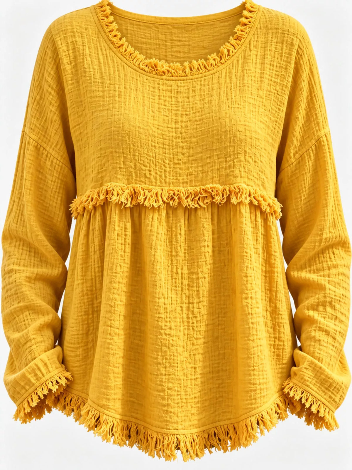 Yellow frayed hem textured blouse, front view