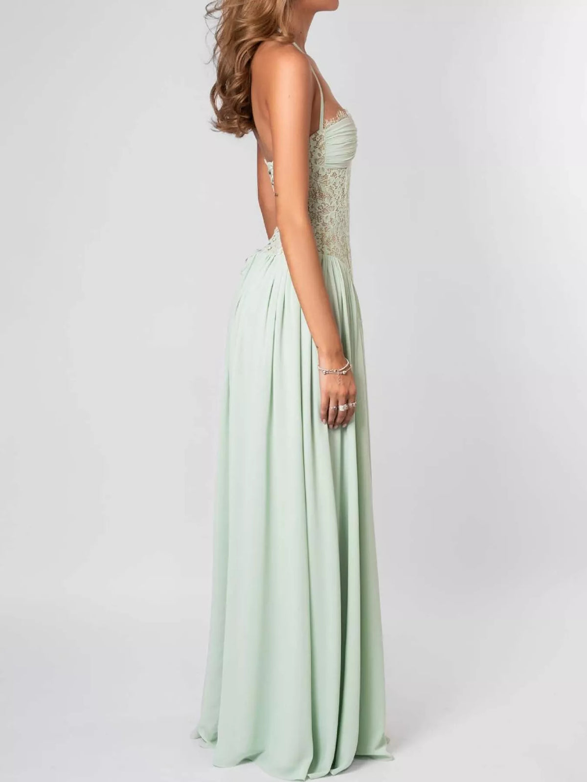 Mint green lace corset halter neck maxi dress — side view
