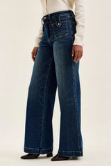 Trendsi Judy Blue High Waist "lux" Retro Wide Jeans with Front Patch Tab Closure Dk Fade Indigo -