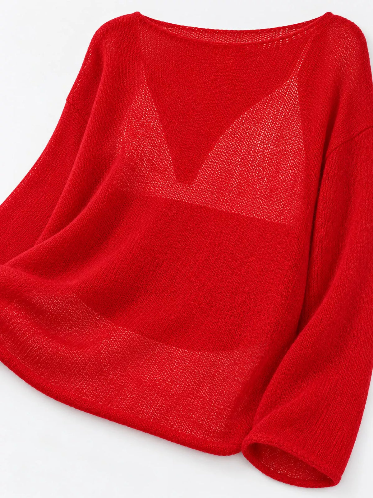 Red sheer openwork knit long sleeve top
